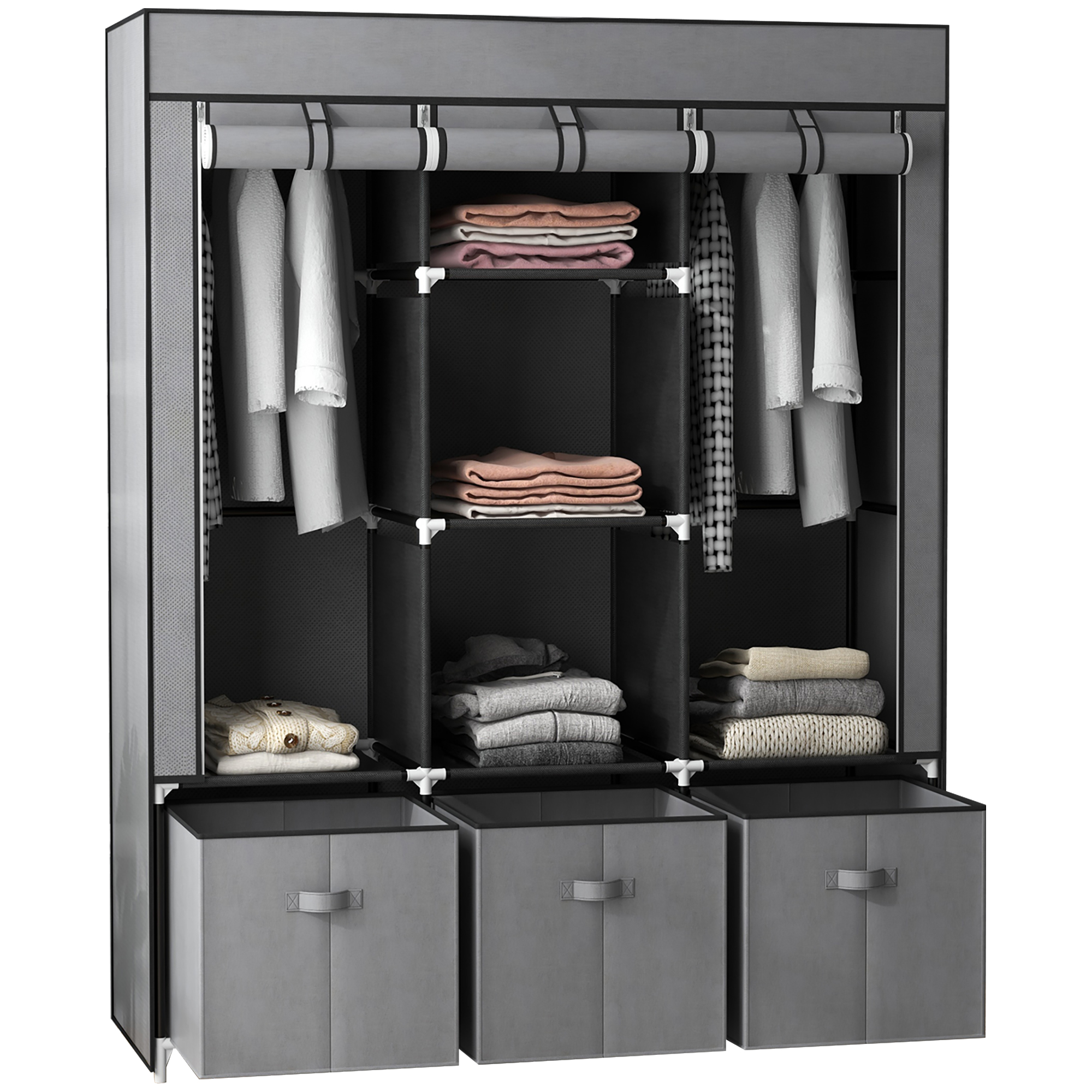 Stoffschrank aus Vlies, Faltschrank, inkl, 3 Schubladen, 125 cm x 43 cm x 162,5 cm, Grau