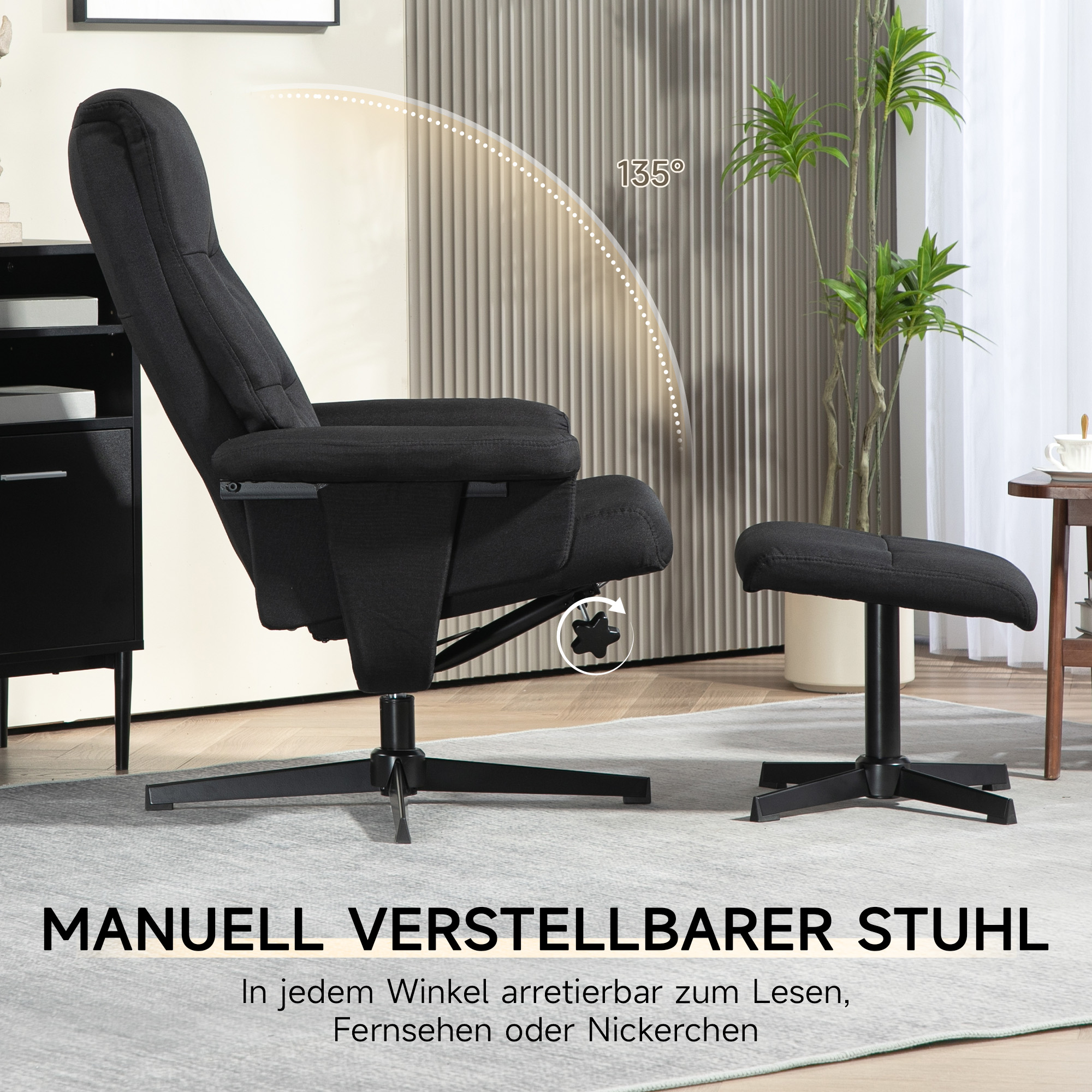 Liegesessel mit Hocker, drehbar, Wippfunktion, Samtoptik, bis 150 kg, Schwarz