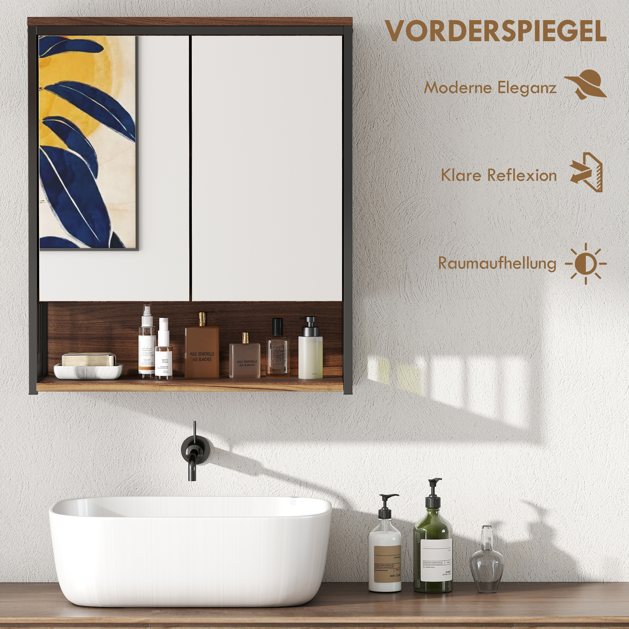 Hängender Spiegelschrank für Badezimmer, Badschrank aus MDF, Spanplatte, Braun