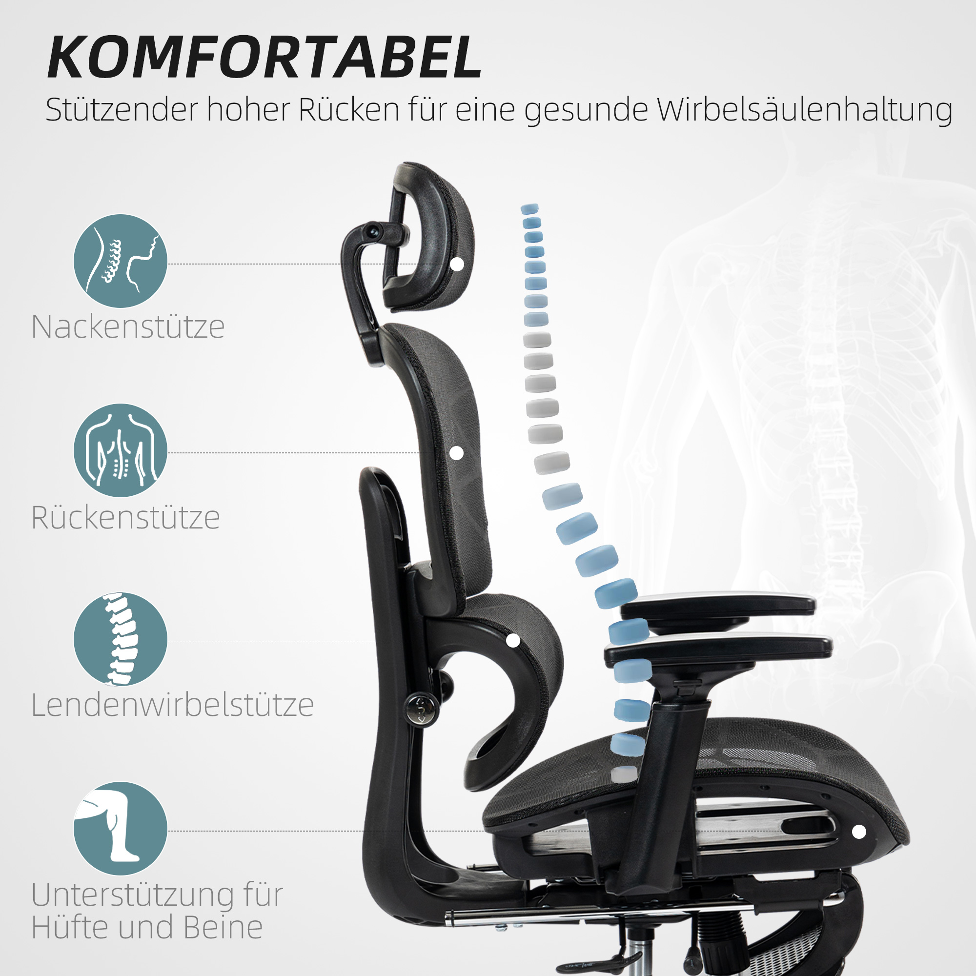 Bürostuhl, Ergonomischer Schreibtischstuhl mit Netzstoffbezug, verstellbar, rollbar, mit Armlehnen, Kopfstütze, Schwarz