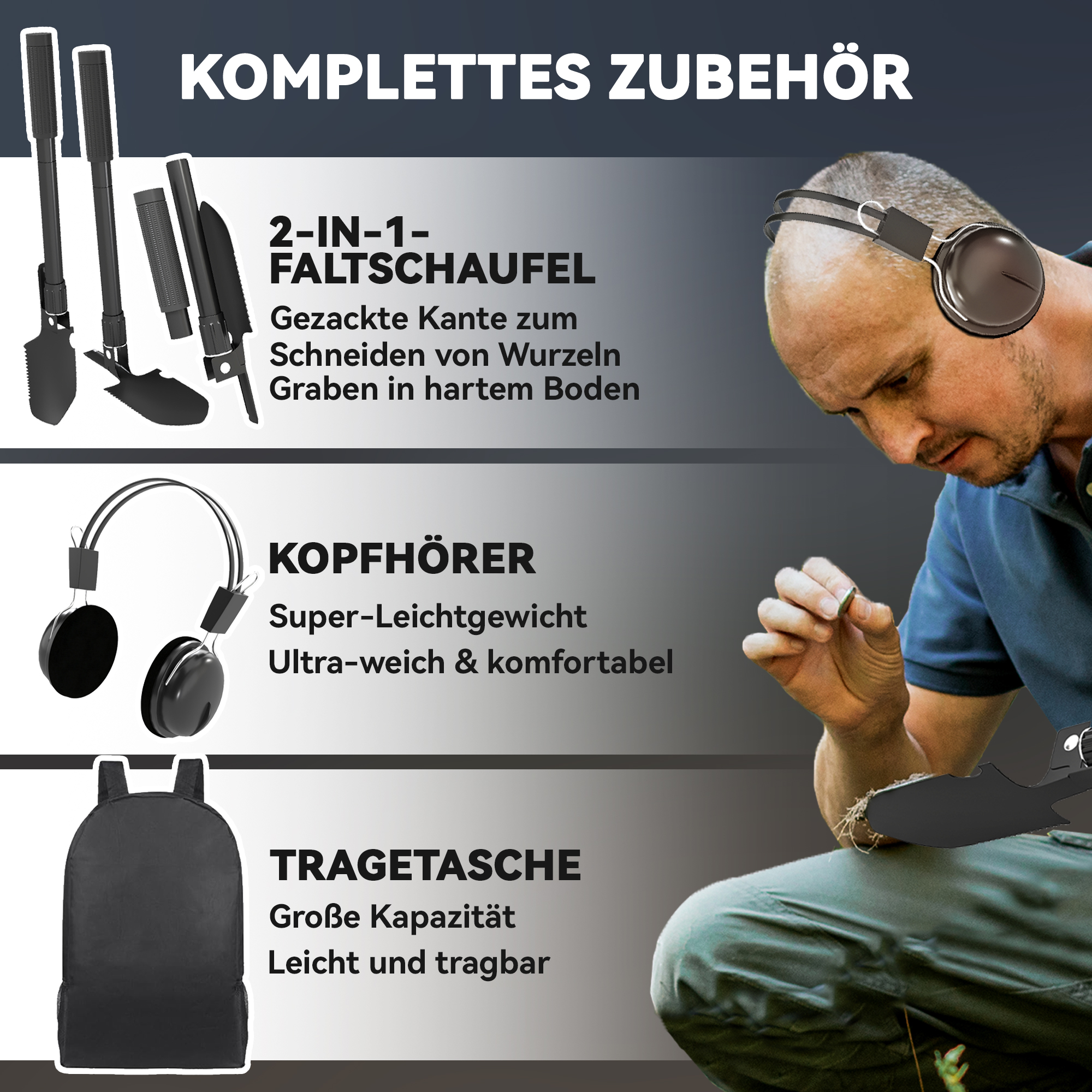 Metalldetektor für Erwachsene 5 Modi Tragbar Ortungsgerät mit Alarm Spule LCD-Display IP68 Wasserdicht Dunkelgrau