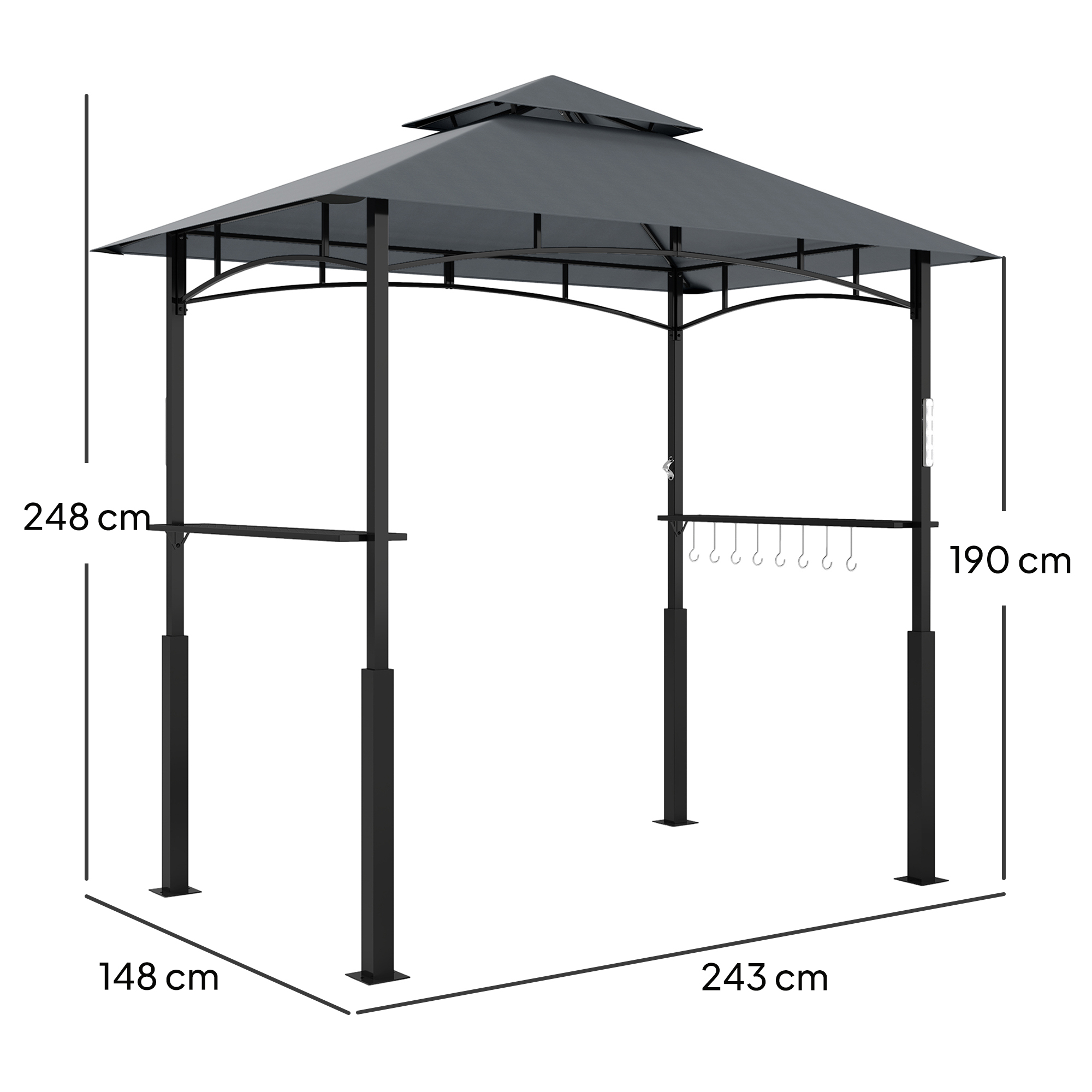 Grillpavillon, Gartengrillzelt mit Gewürzregalen, LED-Beleuchtung, Metall, Kunststoff, 243L x 148B x 248H cm, Grau