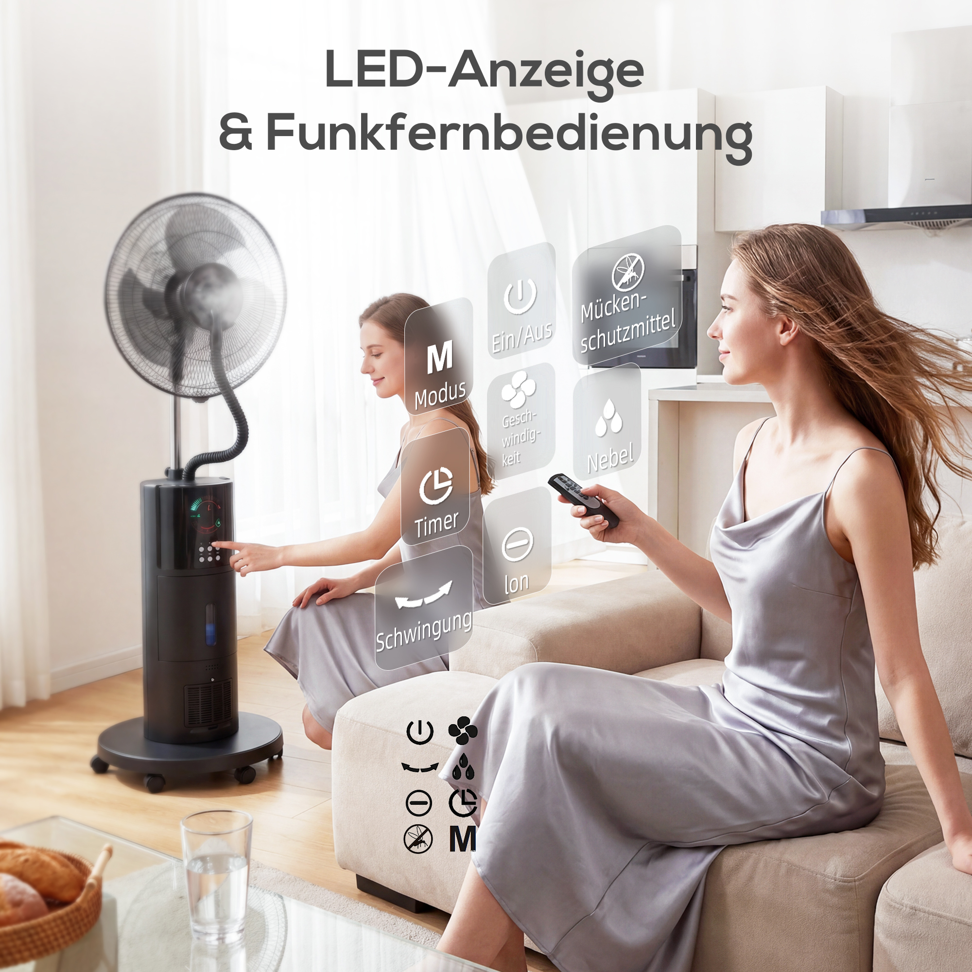 4-in-1 Standventilator mit Wassernebel Luftreiniger Mückenschutz 9-Stunden-Timer 3 Modi Fernbedienung Schwarz
