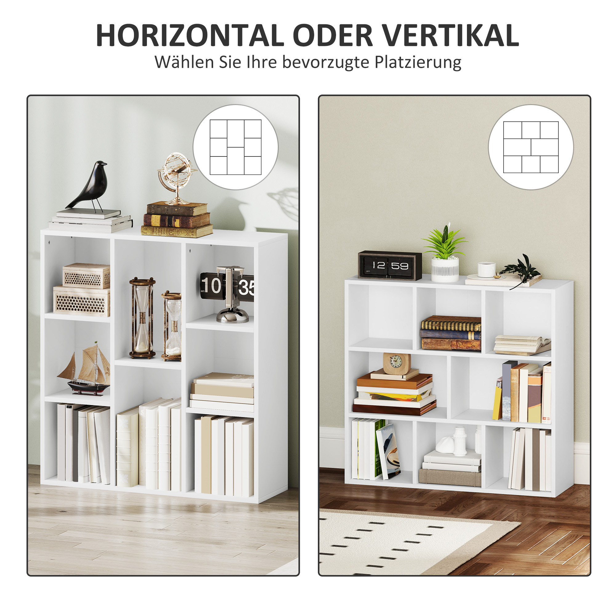 3-Ebenen-Bücherregal, 8 Fächer, Spanplatte, Aufbewahrungsregal, Weiß