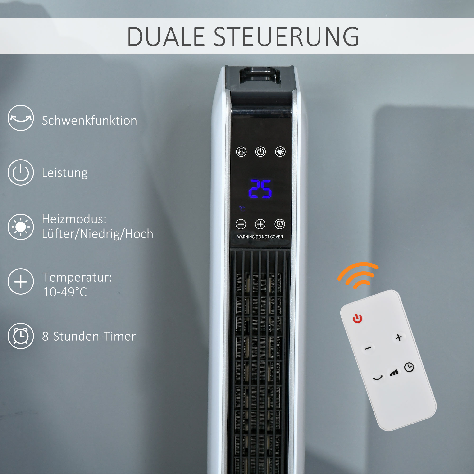 Heizgerät Heizlüfter 2200W Elektroheizer Keramik Heizturm mit Fernbedienung 8-Stunden-Timer Oszillation Heizer Heizung ABS PA Weiß+Schwarz 21 x 21 x 73 cm