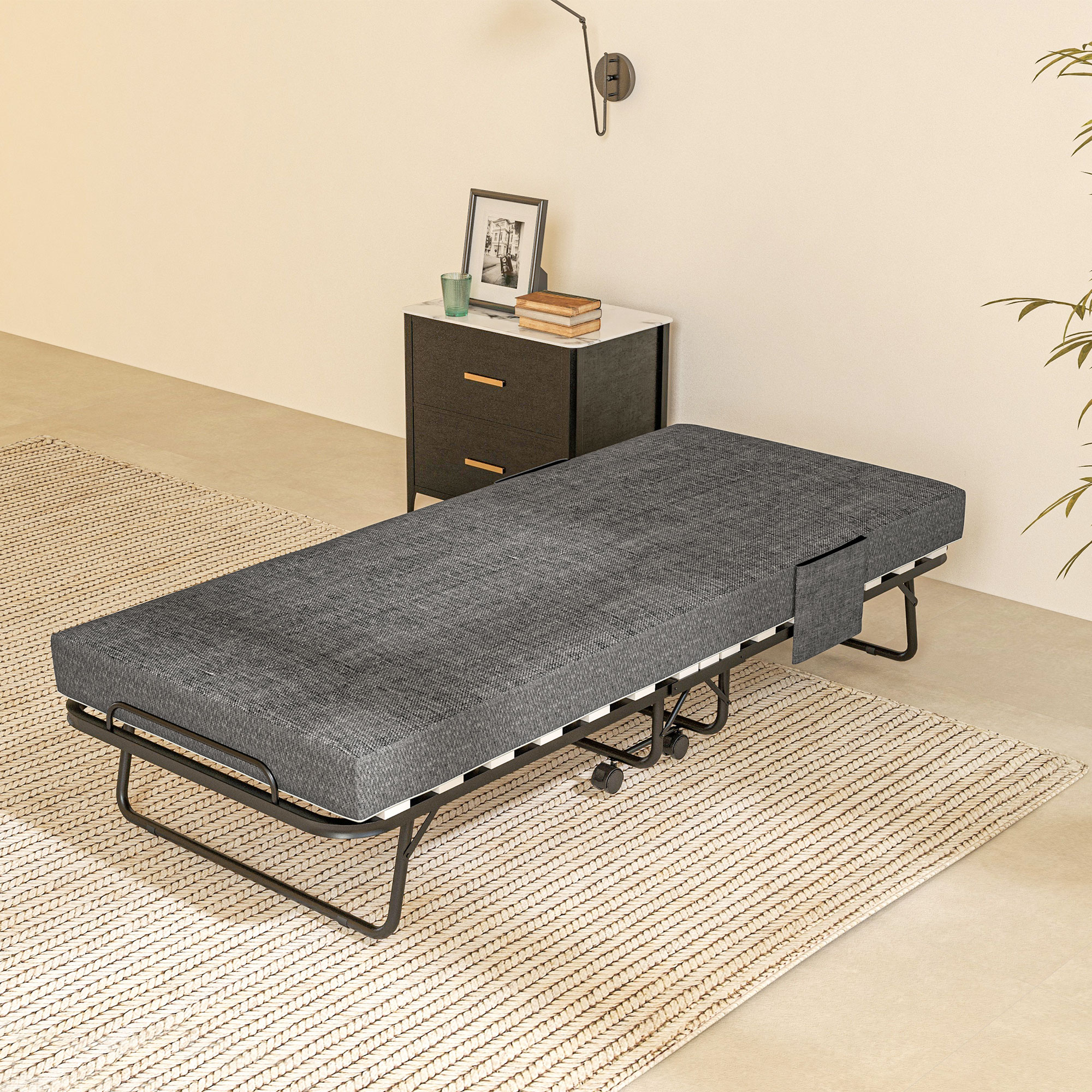 Klappbett, Matratze, 4 Rollen, Metallgestell, bis 150 kg, 190 x 80 x 42 cm, Dunkelgrau