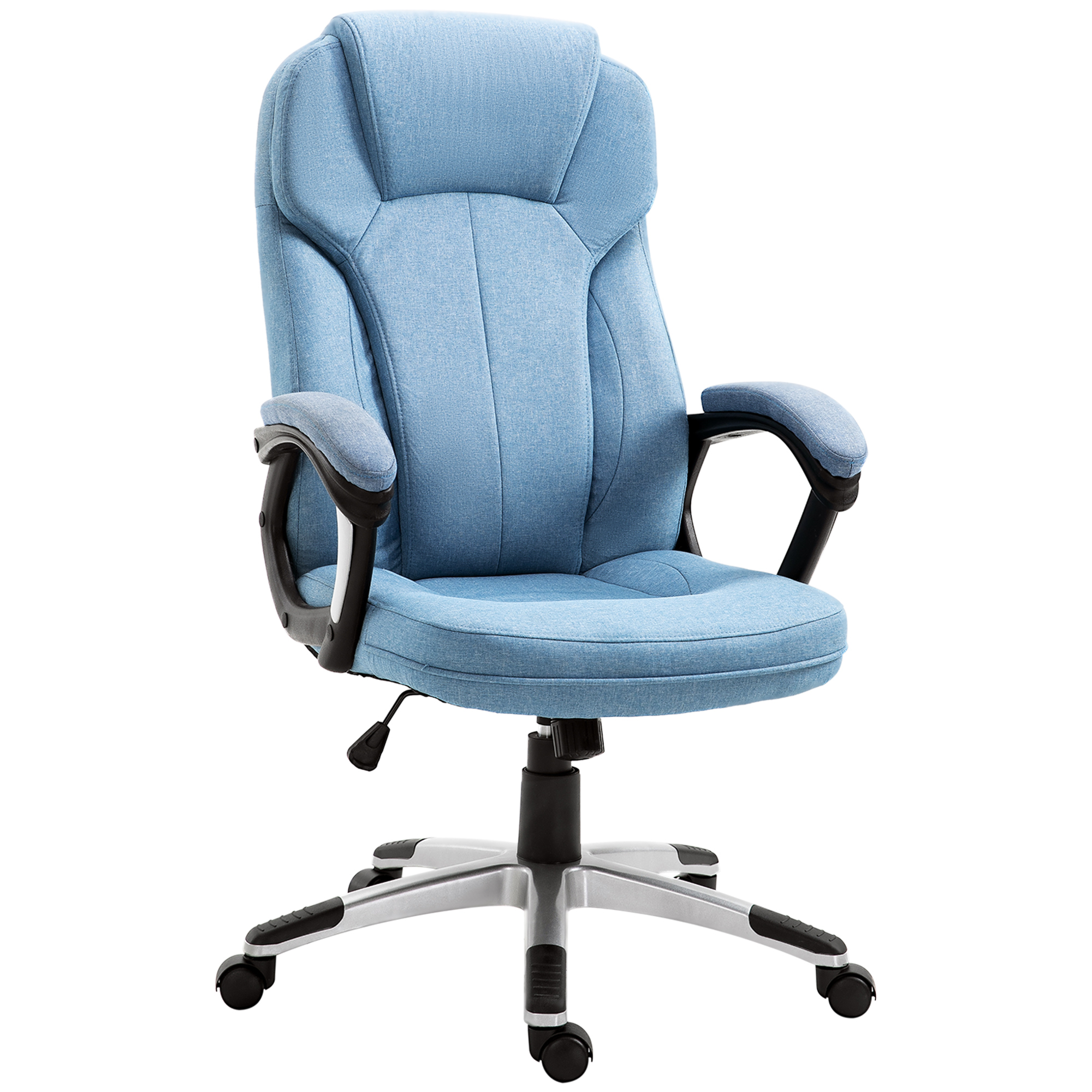 Bürostuhl Computerstuhl Drehstuhl höhenverstellbar Wippfunktion mit Kopfstütze und gepolsterte Armlehnen Ergonomisch Hellblau Leinen 66 x 75 x 110-120 cm