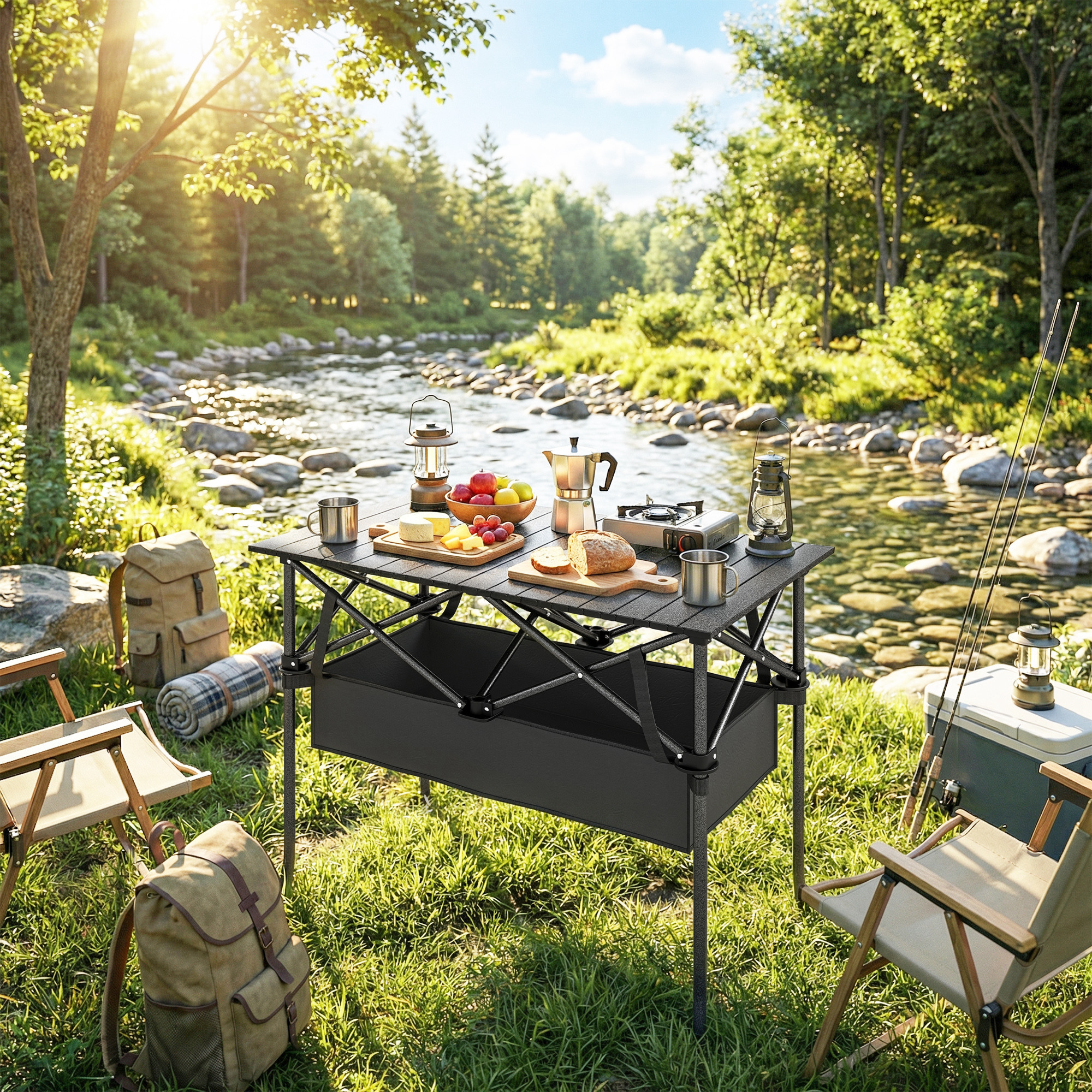 klappbarer rollbarer Picknicktisch Tragbarer Campingtisch mit Netzablage und Tragetasche für den Außenbereich, Schwarz