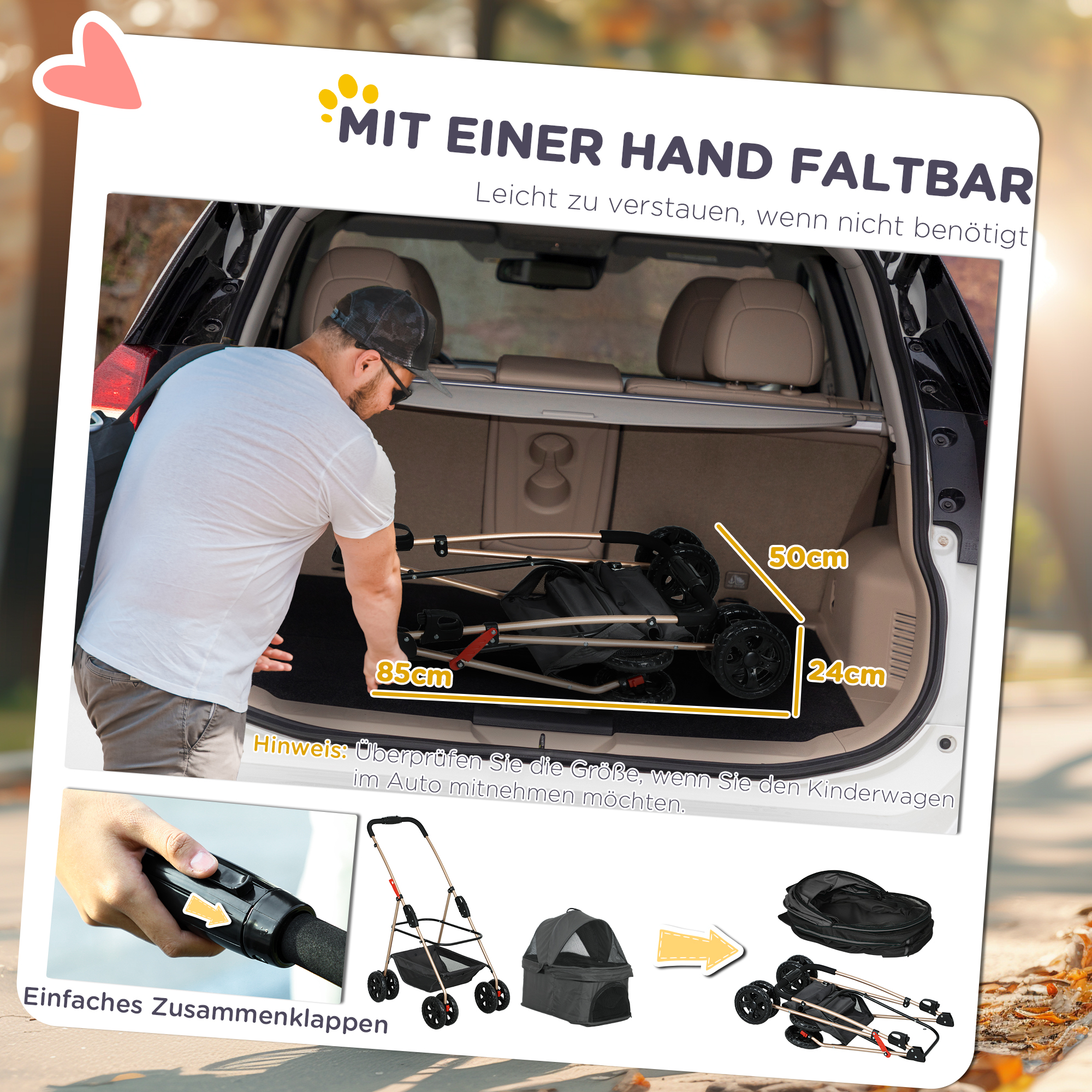 3-in-1-Haustierkinderwagen, zusammenklappbarer Hundewagen mit 4 Rädern und abnehmbarer Trage für Hunde und Katzen, Grau