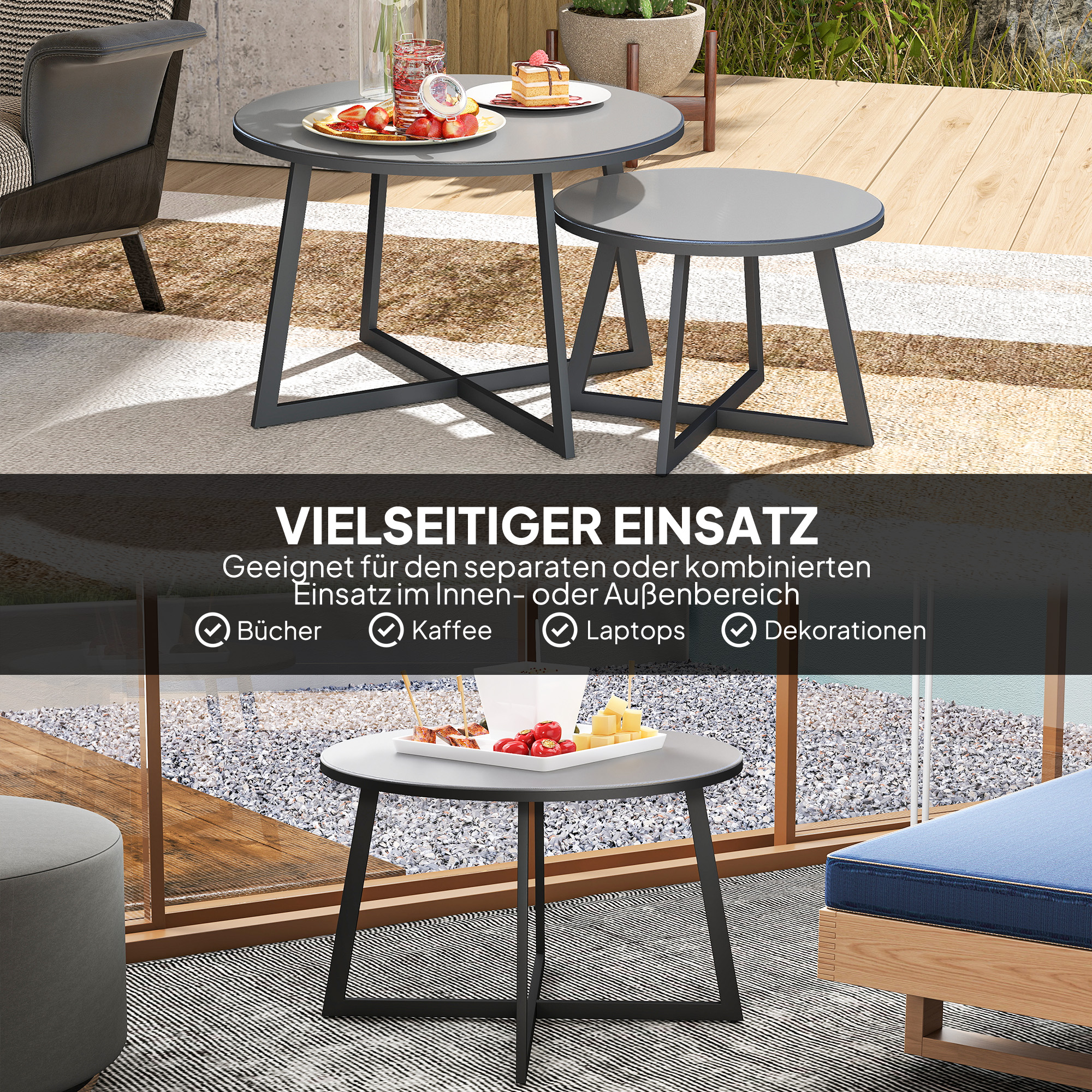 2er Set Beistelltisch Stapelbar Gartentisch Rund wetterfest Balkontisch mit X-Beine Glasplatte Stahl Schwarz+Grau