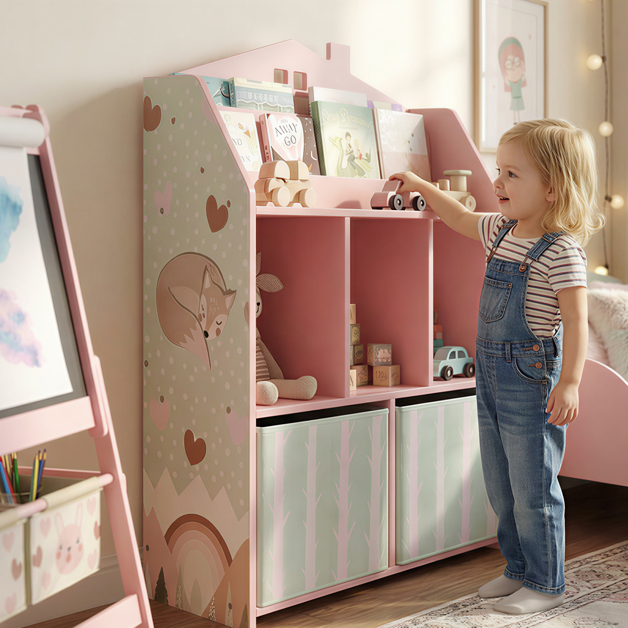 Kinderregal Bücherregal Kinder mit 2 Stoffschubladen offen Regal für 3-8 Jahre 62,5x30x91,5 cm Rosa