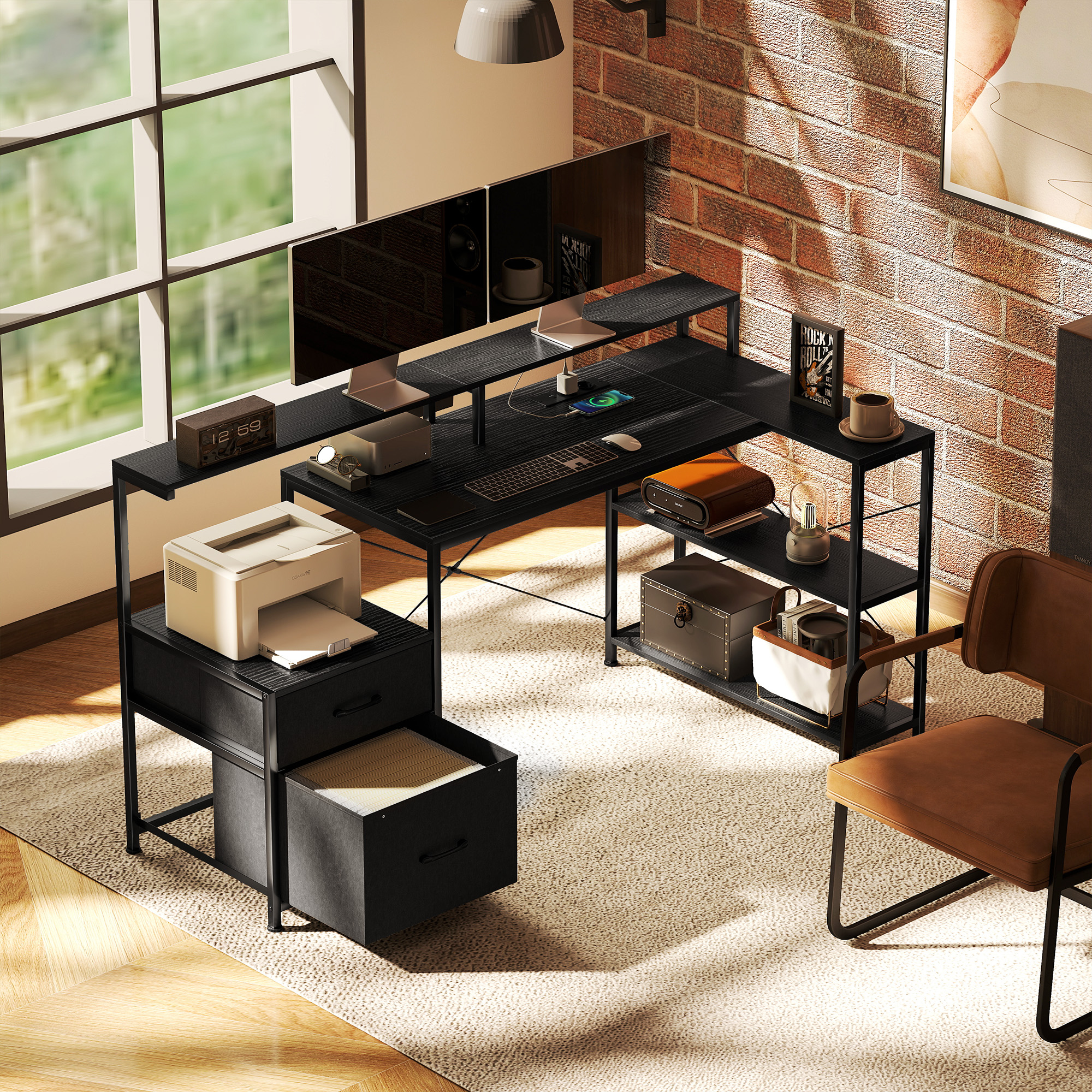 Gaming Tisch L-förmiger Schreibtisch mit LED & Steckdosen, mit Doppelmonitorständer, 165x80x91,5 cm, Schwarze Holzoptik