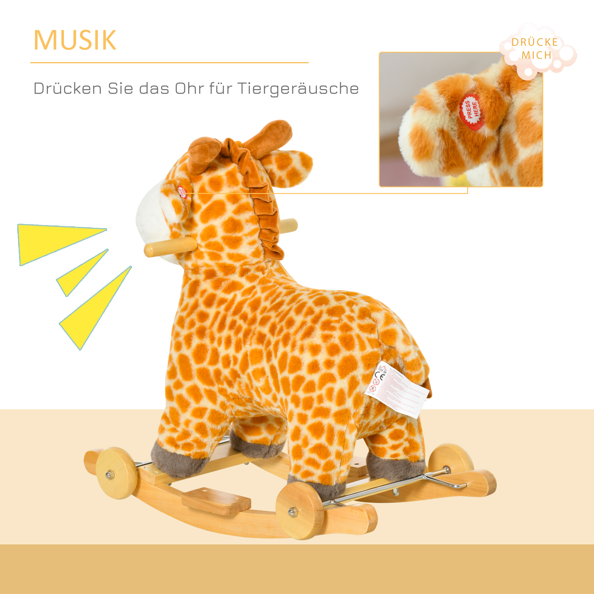 Schaukeltier Giraffen mit Sound Effekt, Räder, Haltegriffen Plüsch Baby Schaukelspielzeug Schaukel Schaukelsitz für Kleinkinder 3-6 Monate