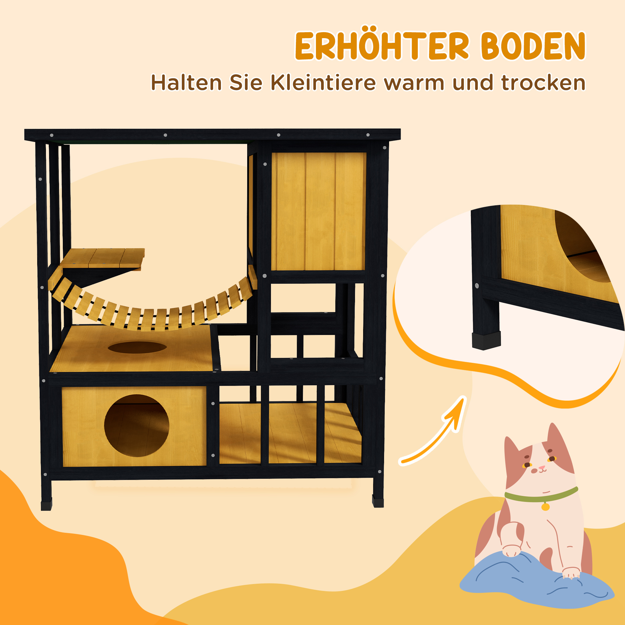 Katzenhaus Katzenhütte Katzenhöhle, wetterbeständig, 1 Rampe, 1 Plattform,  84,5 x 60 x 88 cm, Grün + Natur