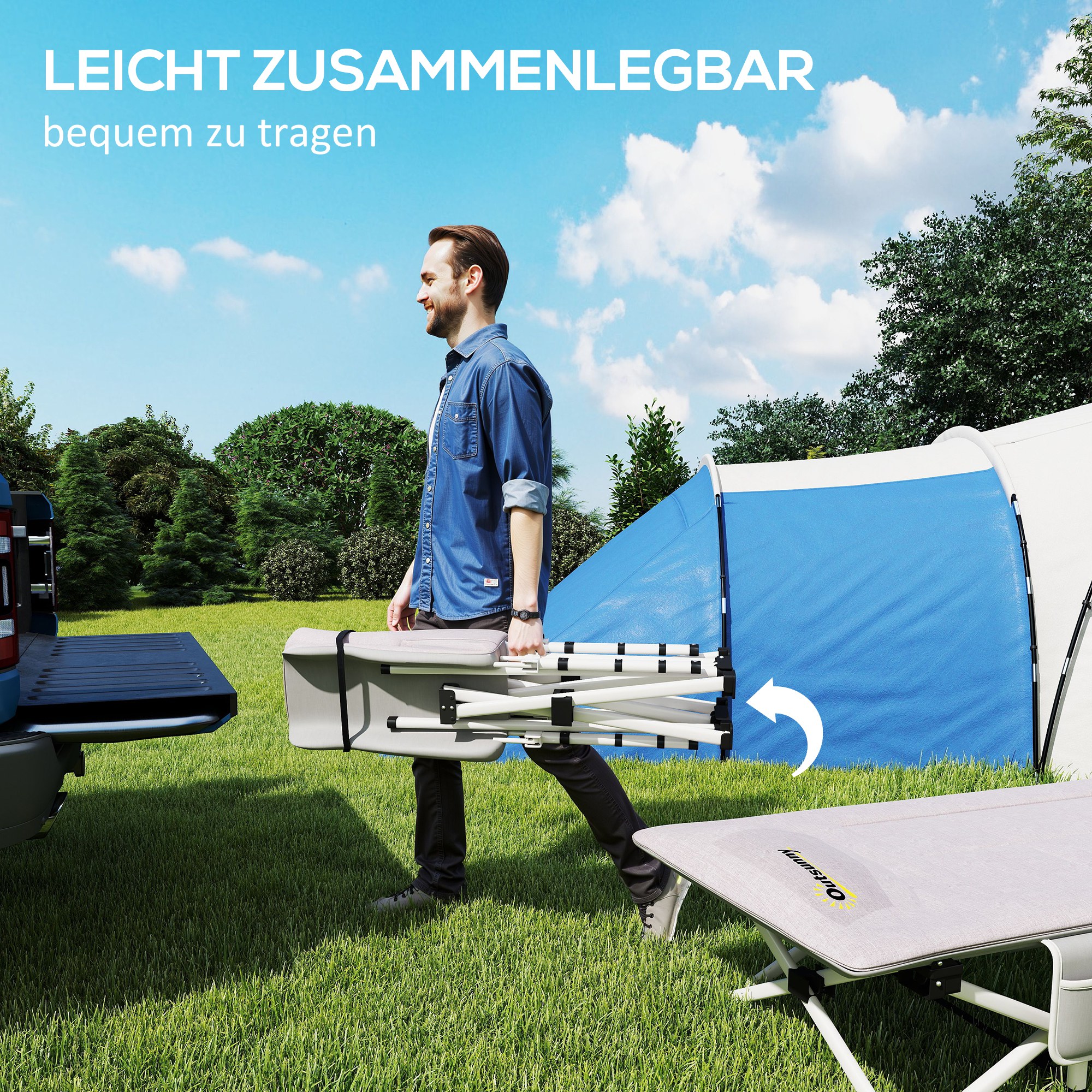 Feldbett, Campingbett, klappbar, weich, bis 200 kg, rostfreies Metallgestell, 185 x 65 x 37 cm, Grau