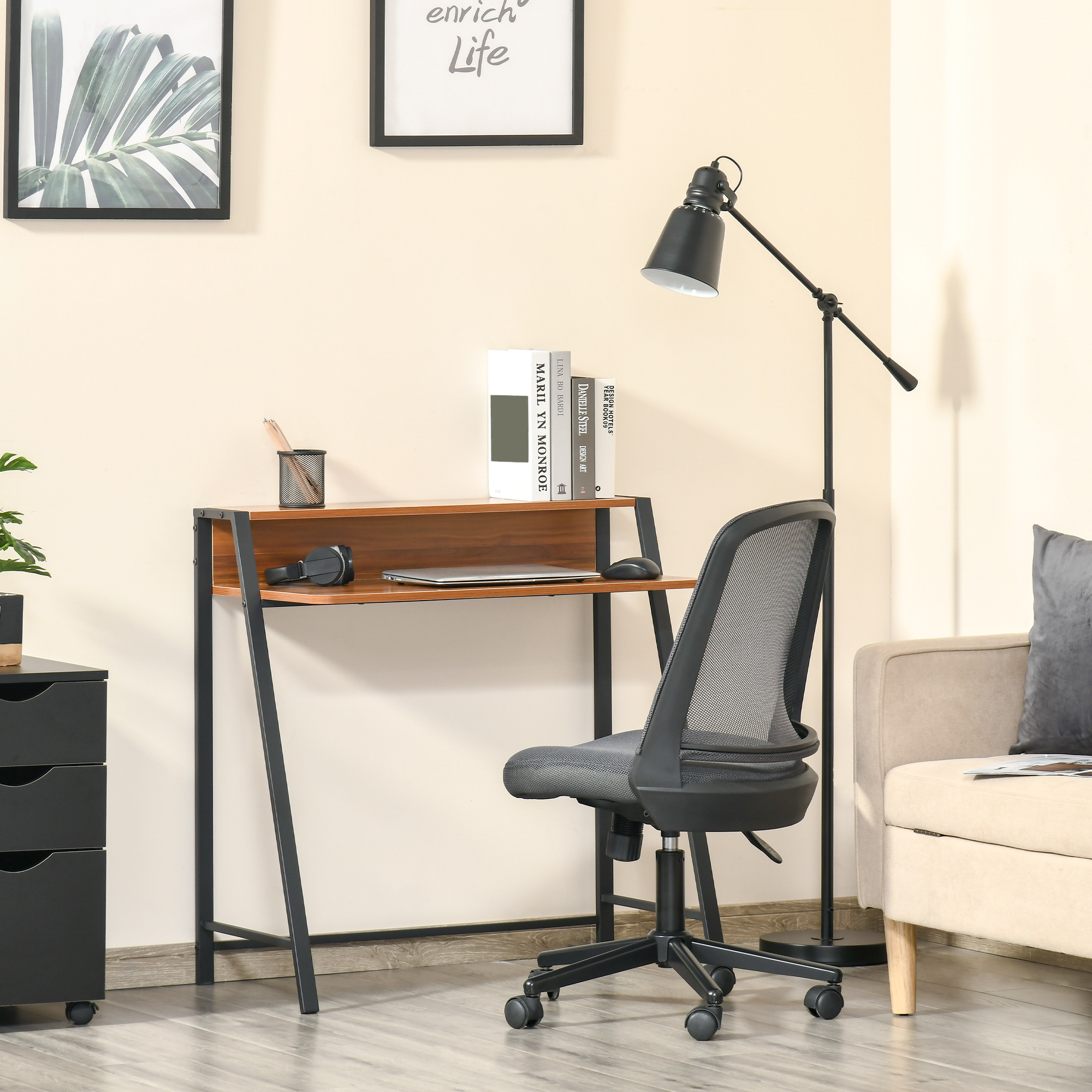 Schreibtisch, Computertisch mit Ablage und Kabel Management, moderner Schreibtisch mit Metallgestell für Arbeitszimmer, Schlafzimmer, Home Office, 84 x 45 x 85 cm, Walnuss+Schwarz