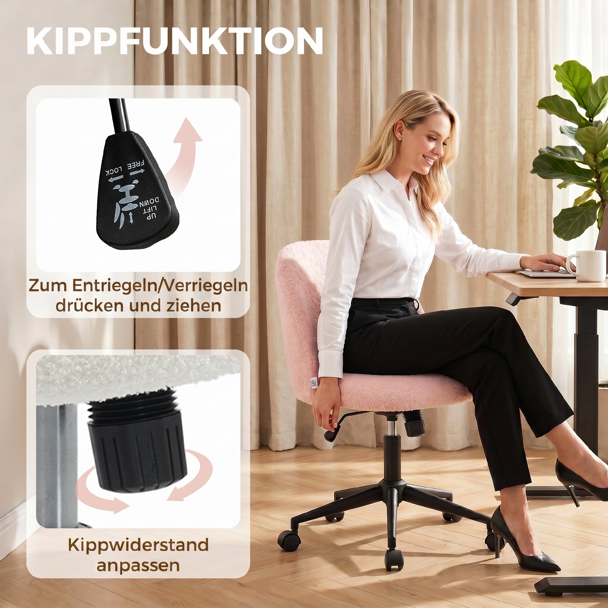 Drehbarer Bürostuhl aus Teddyfleece, höhenverstellbar, mit Rollen, Komfortschaum, Rosa