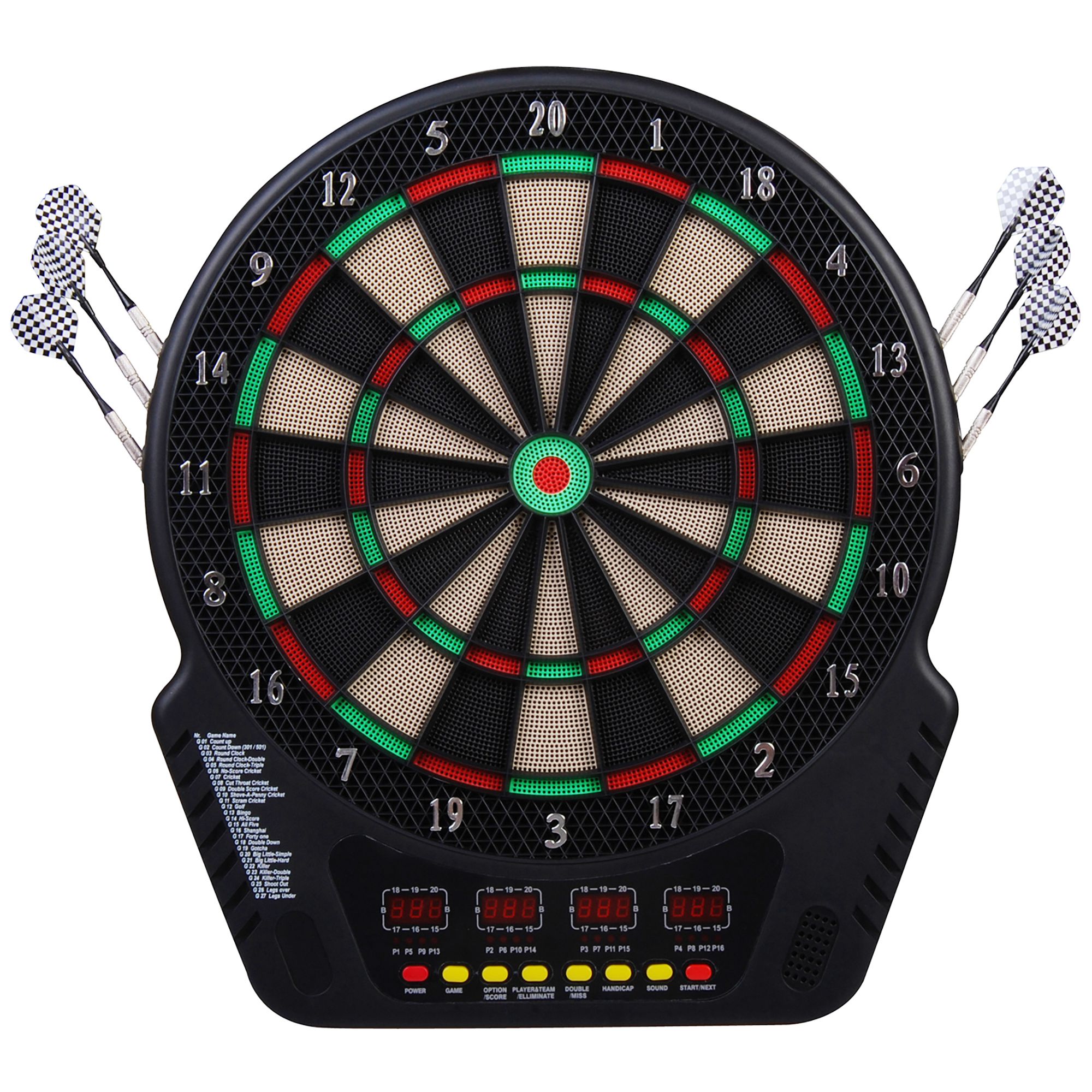 elektronische Dartscheibe Dartboard Dart-set mit LED Anzeige mit automatischer Wertung Soundeffekte 6 Darts 24 Dartköpfe 27 Spiele und 243 Trefferoptionen für 16 Spieler 44 x 51,5 x 3,2 cm