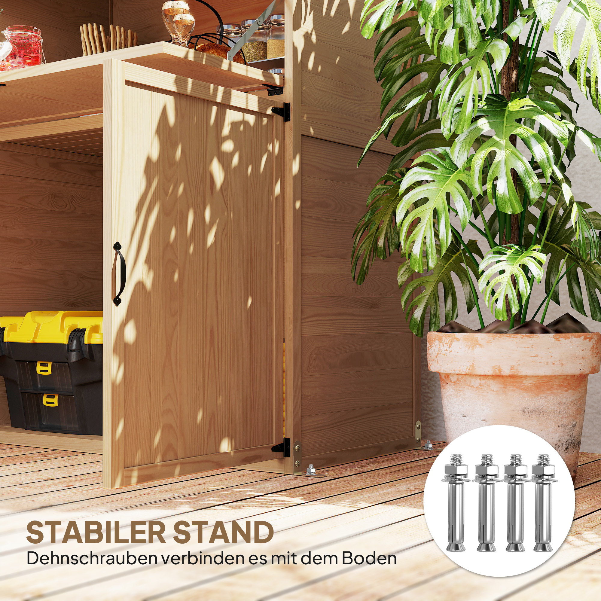 Garten-Aufbewahrungsschrank mit ausklappbarem Tisch, Werkzeugschrank mit Dach, 110 x 54 x 136 cm, Tannenholz, Braun
