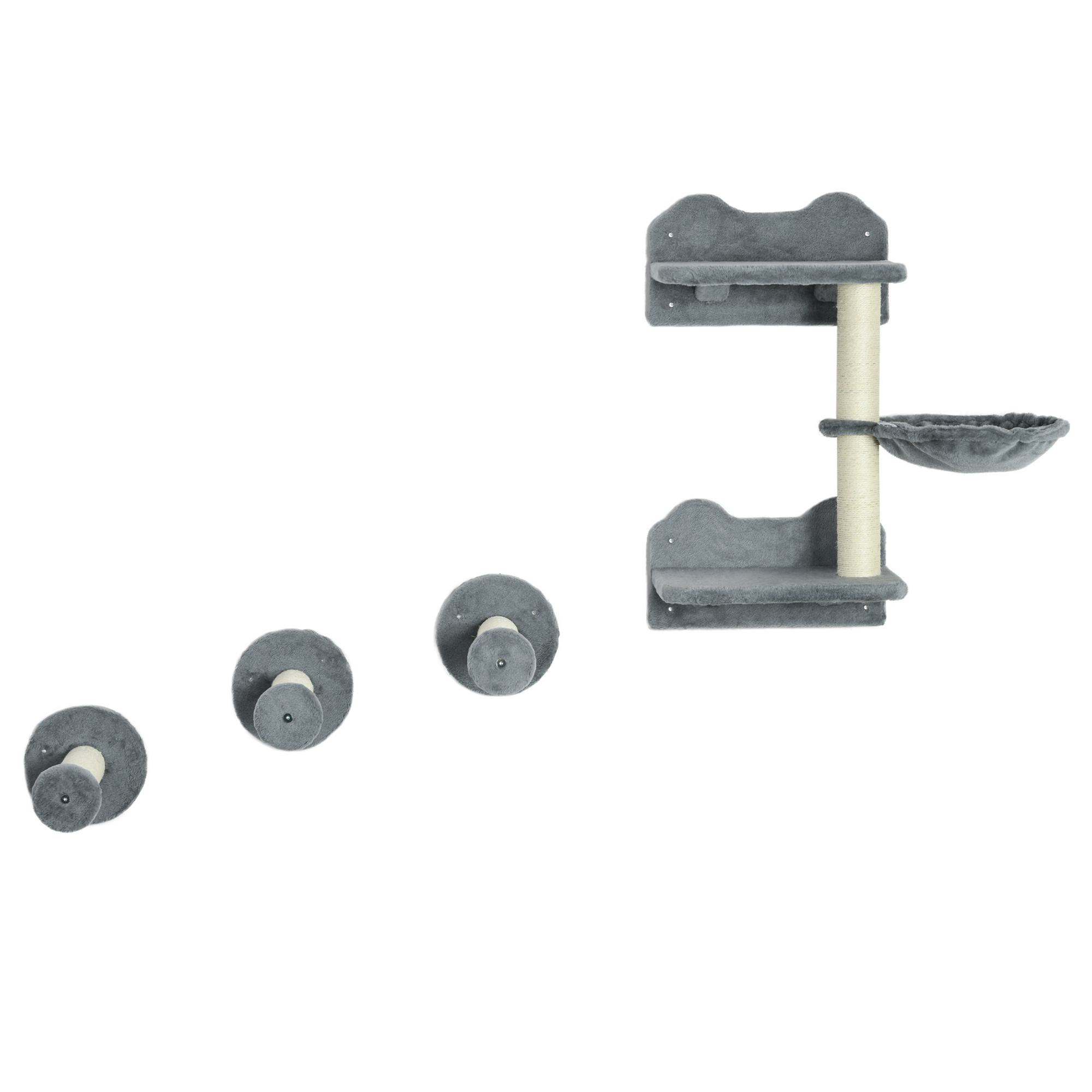 Kletterstufen, Kletterwand, Katzentreppe, 4-tlg. Set, mit Kratzbaum, Hängematte, grau+cremeweiß, 40 x 28 x 73cm