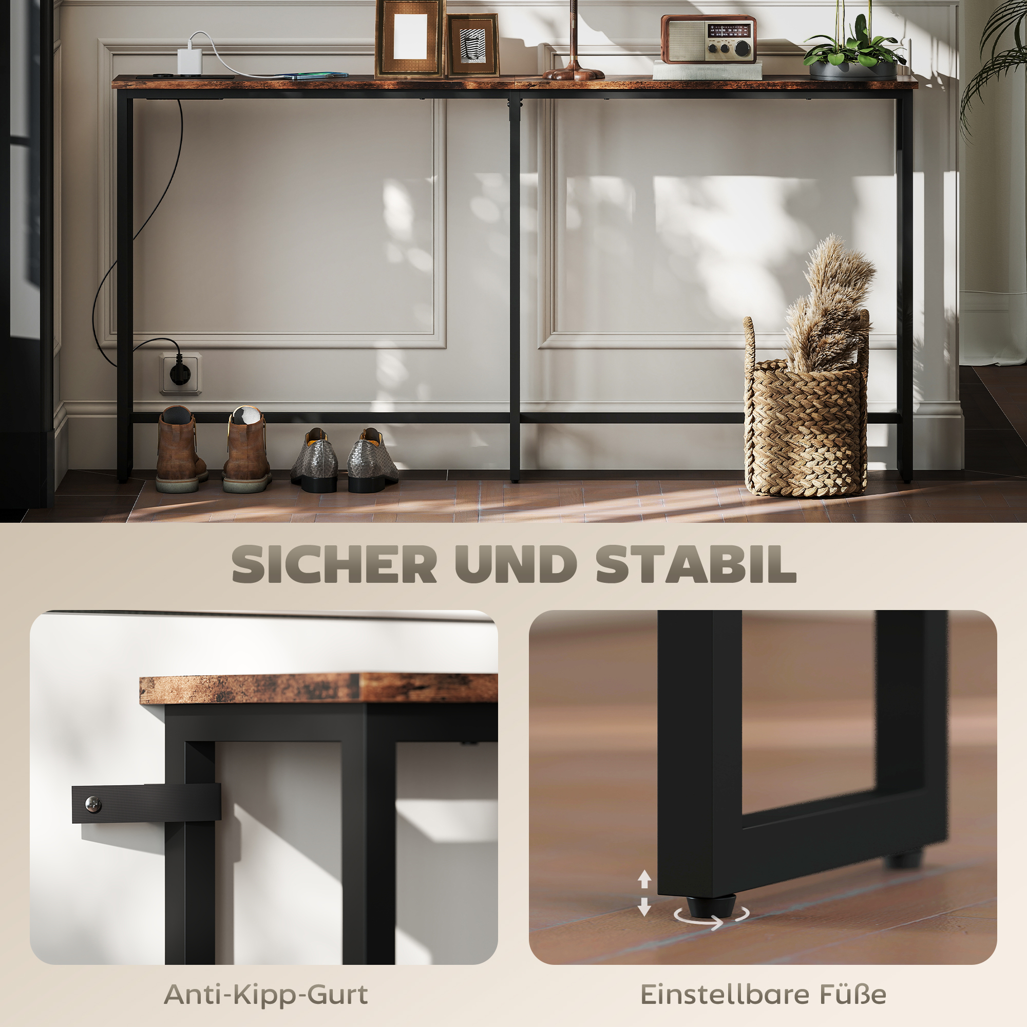 Schlanker Konsolentisch mit Ladestation, Industriestil, Stahlrahmen, Braun
