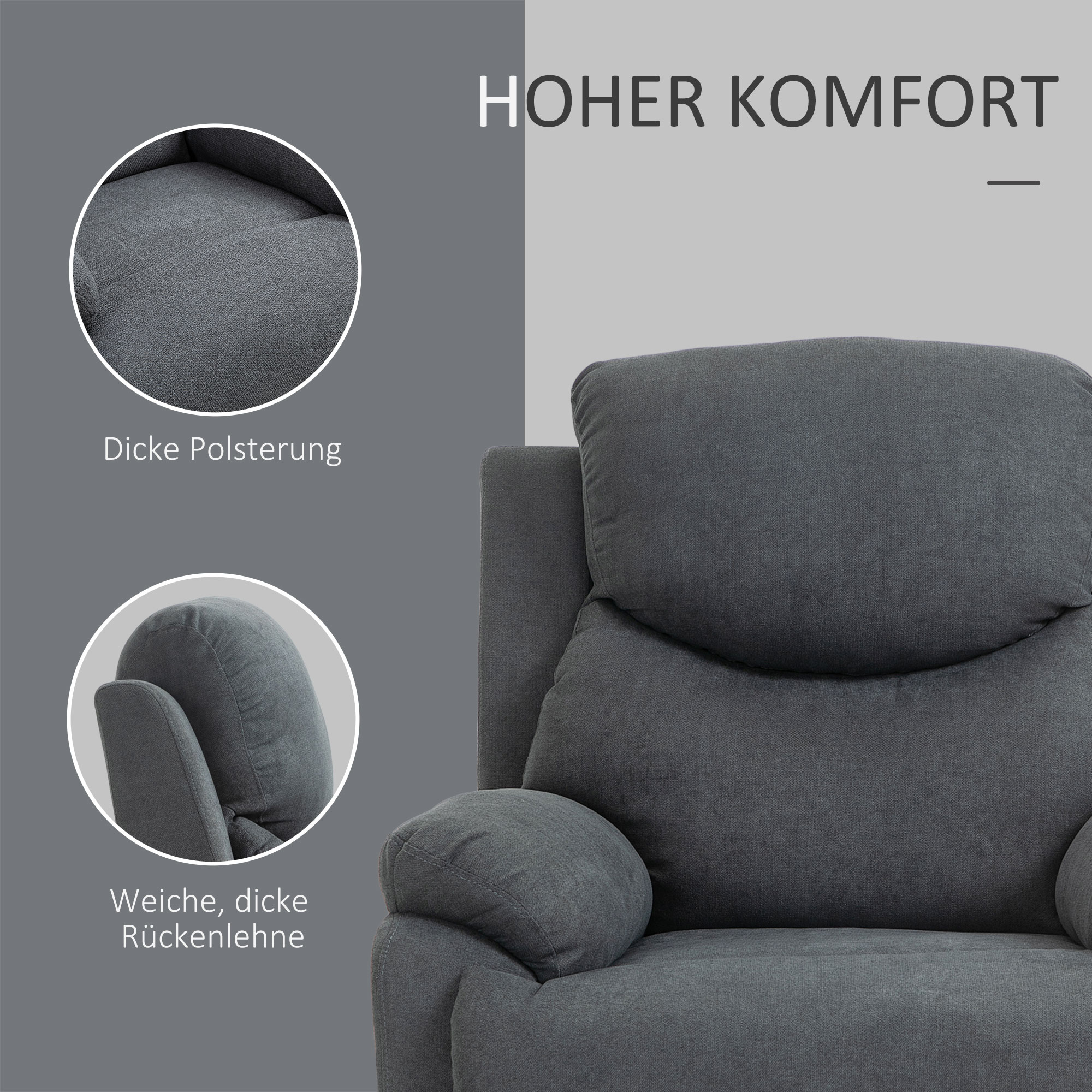 Sessel mit Liegefunktion für Wohnzimmer, 150° neigbar, Leinenoptik, Dunkelgrau