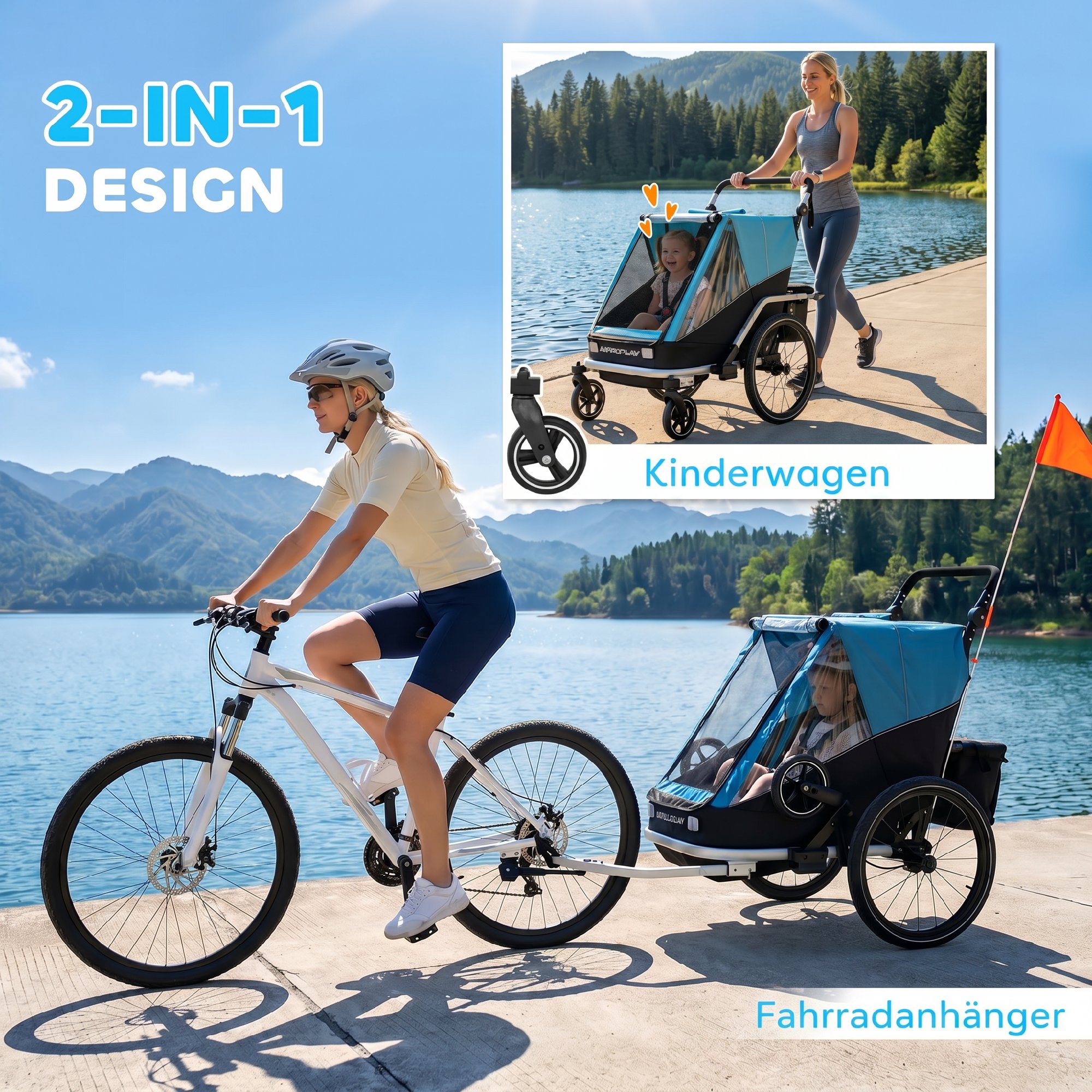 Fahrradanhänger für Kinder, 2-Sitzer, 2-in-1 faltbarer Kinderfahrradanhänger mit verstellbarem Sitz und Gurten, Blau