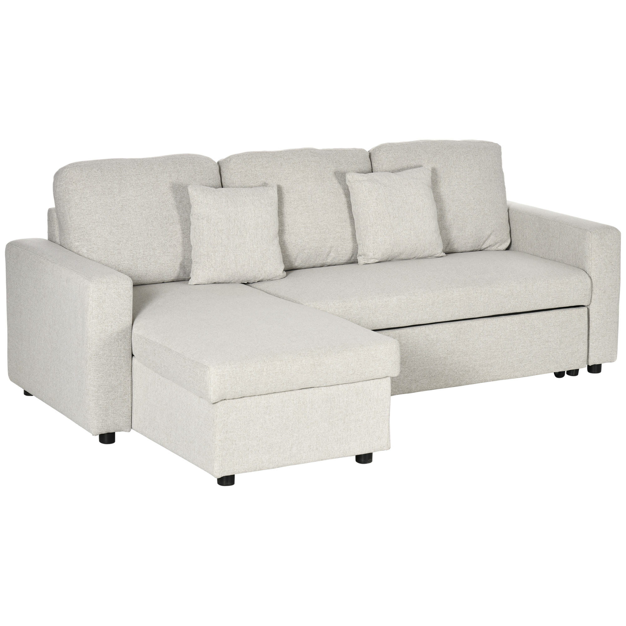 Ecksofa mit Bettfunktion, Eckcouch inklusive 2er-Sitz Sofa, Einzelbett, L-Form mit Stauraum, 2 Kissen Cremeweiß