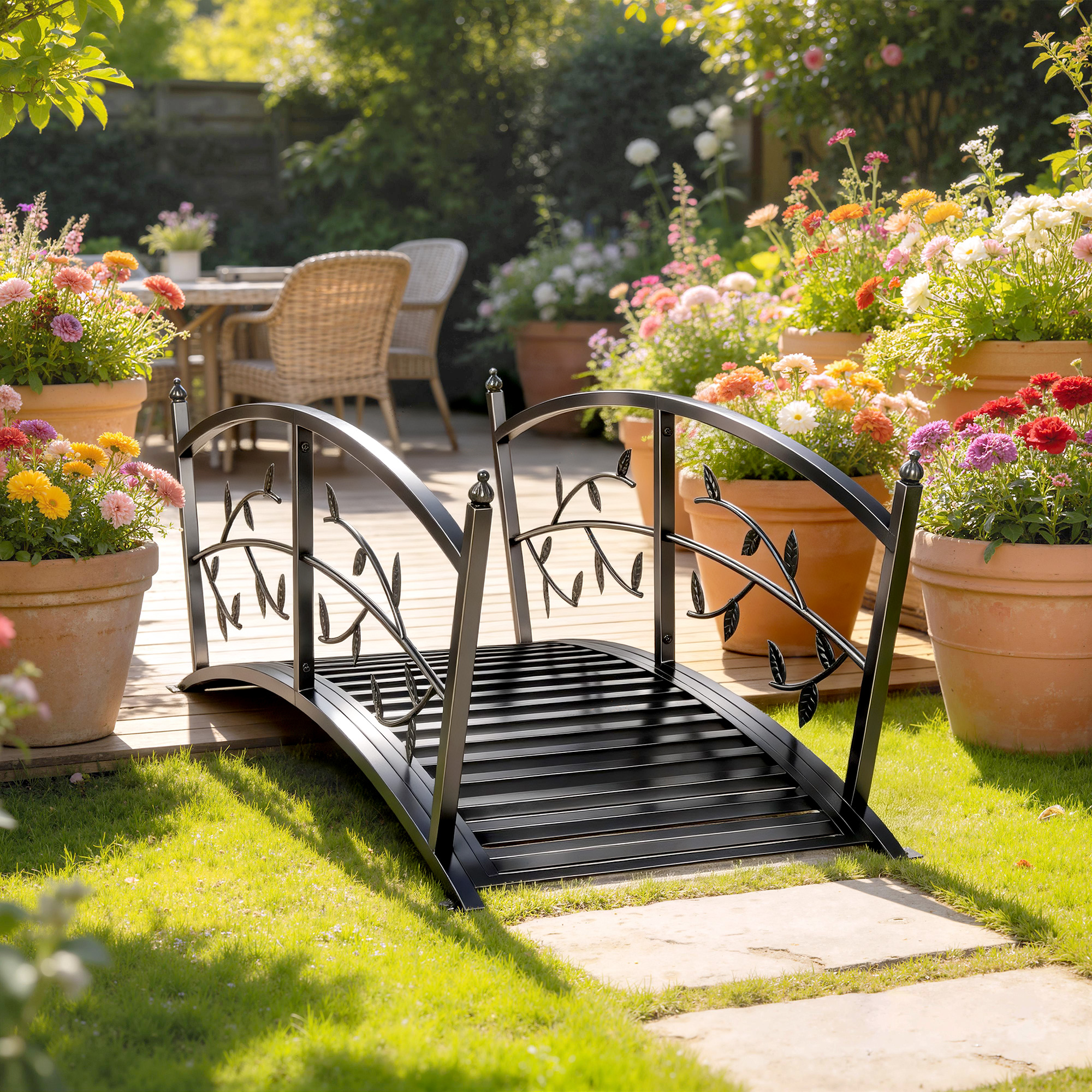 Gartenbrücke aus Metall 120 cm Teichbrücke mit Sicherheitsgeländern Antik-Optik Rostbeständig einfache Montage