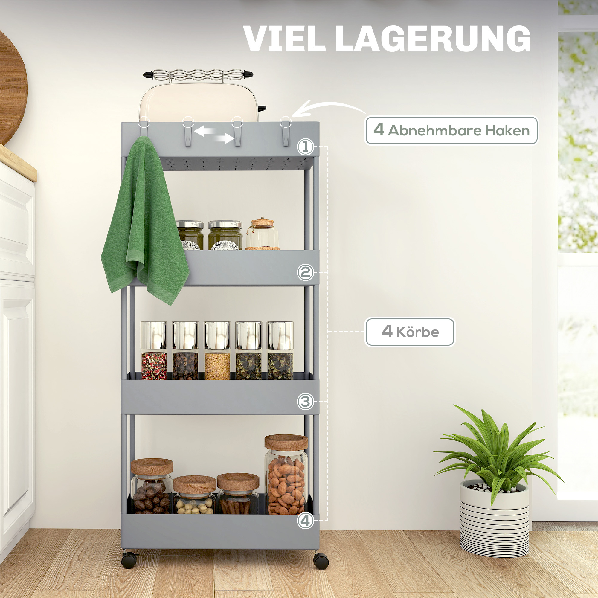 Küchenwagen mit 4 Regalen, 4 flexiblen Haken, 4 Rollen, 40 cm x 19 cm x 90 cm, Nischenwagen, Grau