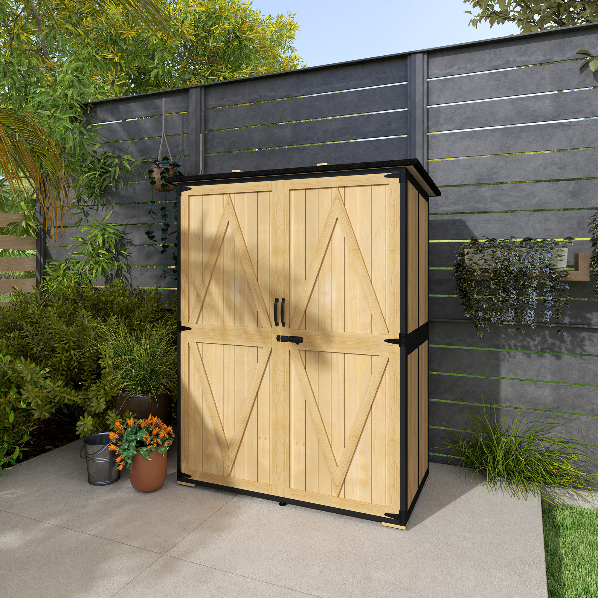 Gartenschrank aus Holz und Stahl, Outdoor-Werkzeugschrank mit Asphalt-Dach, 2 Regale, verschließbare Türen, Naturholz