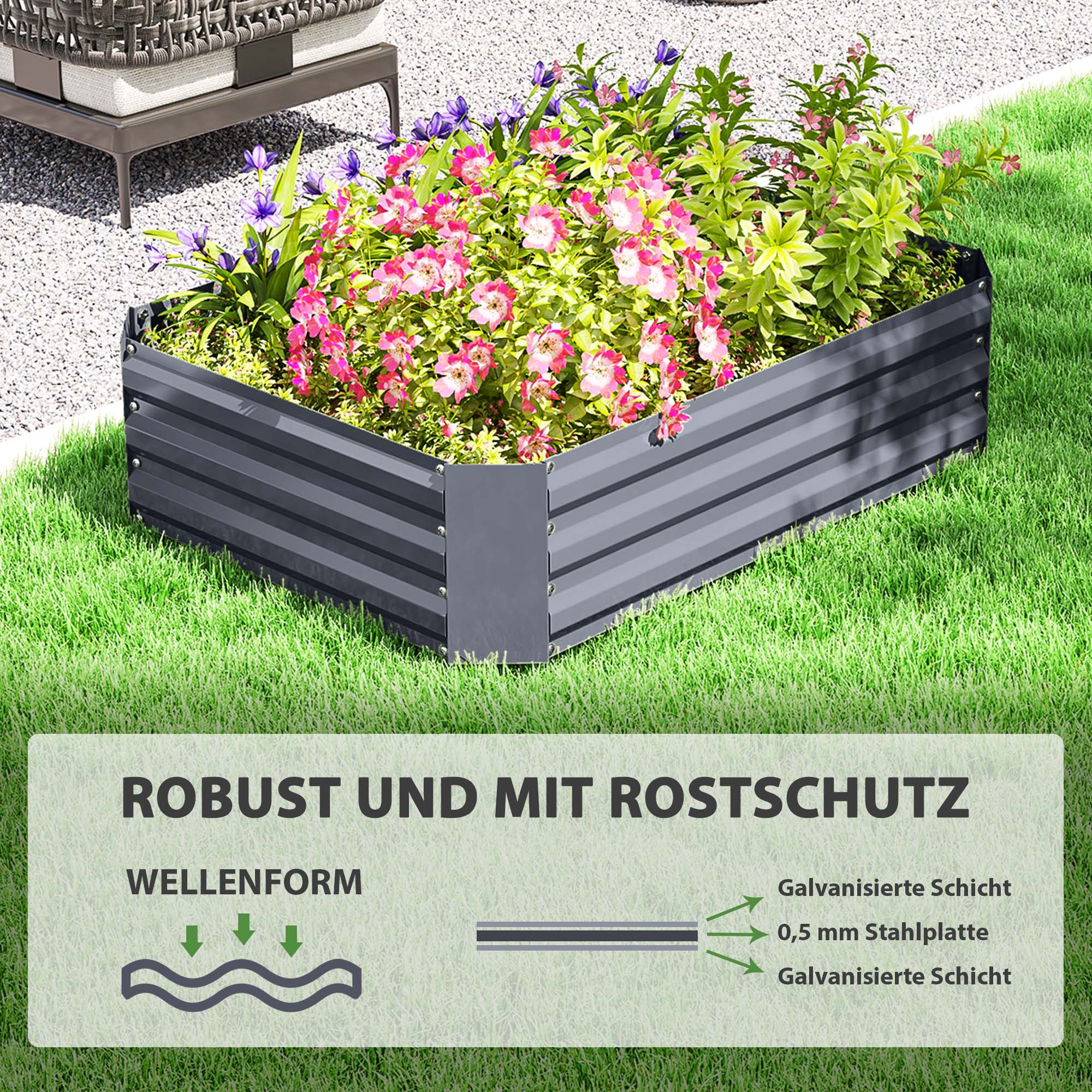 Hochbeet aus verzinktem Stahl, Gartenbeet, Pflanzkasten für Garten, Blumenkasten, 120 x 90 x 30 cm, Dunkelgrau