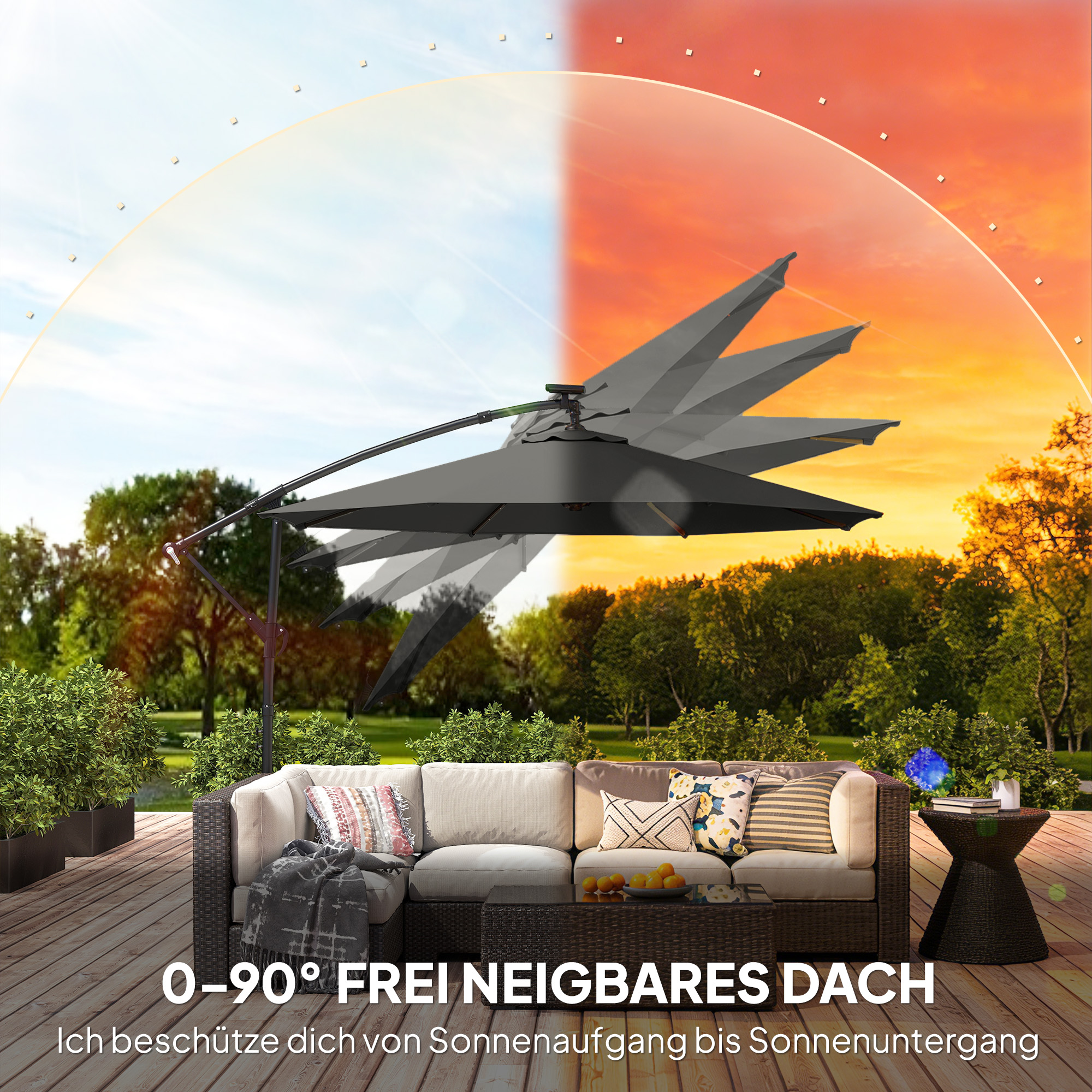 Ampelschirm LED Solar ca. Ø300 cm Drehbar Sonnenschirm mit Kurbel Ständer Schutzhülle Dunkelgrau