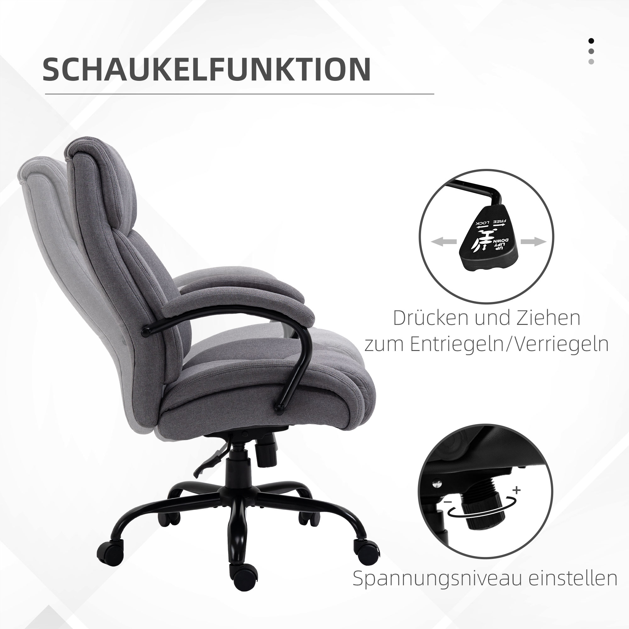 Bürostuhl, ergonomischer Chefsessel bis 220 kg belastbar, gepolsterter Schreibtischstuhl mit Armlehne, breiter Sitz, höhenverstellbarer Drehstuhl mit Wippfunktion, Leinenoptik, hellgrau