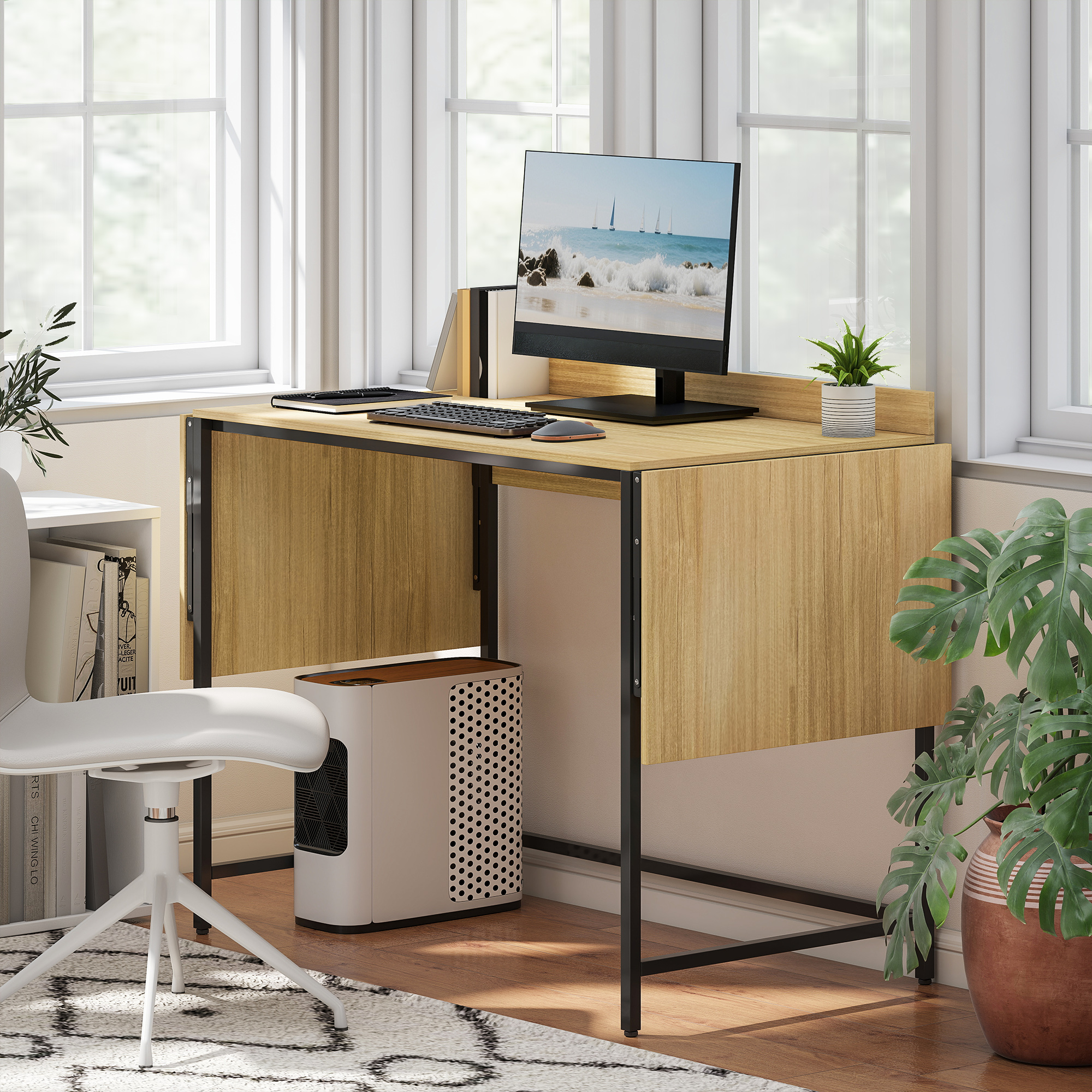 Klappbarer Computertisch mit 2 Ausziehplatten, viel Platz für Monitore, Metallbeine, robuste Konstruktion, Eiche+Schwarz