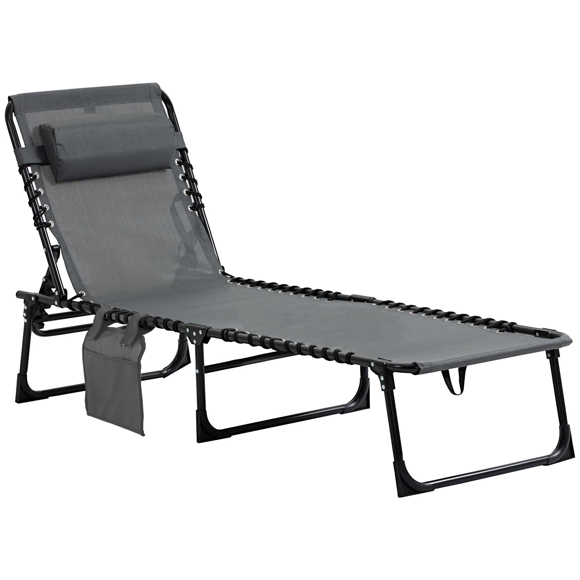 Liegestuhl, Zusammenklappbare Liege mit Nackenkissen, Stahlrahmen, Netzstoffbezug, 120 kg Belastbarkeit, Grau