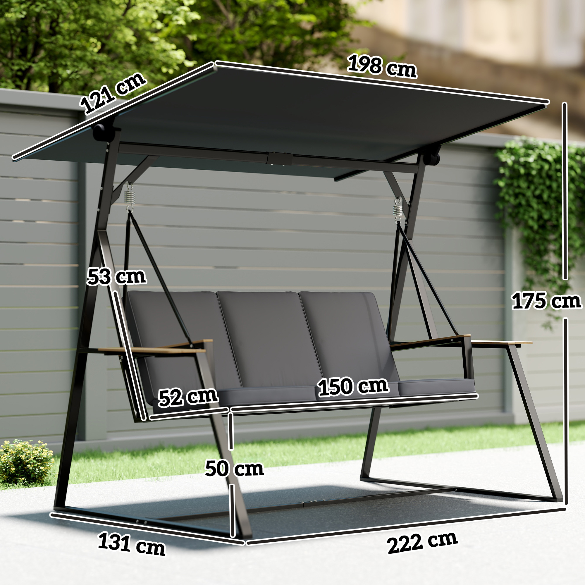 3-Sitzer Gartenschaukel mit verstellbarem Dach, Kissen und Getränkeablagen, 360 kg Tragkraft, Grau