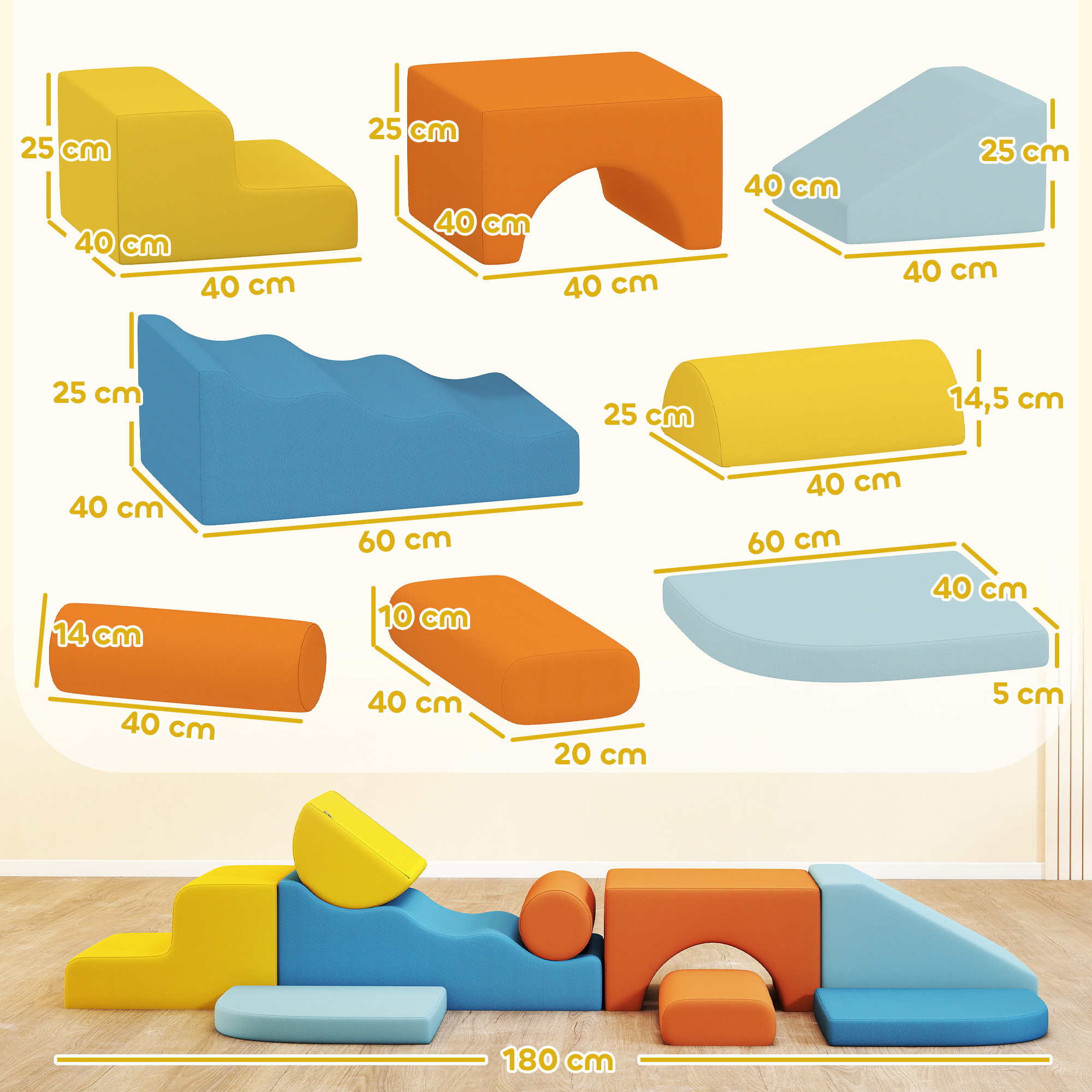 9-teiliges Soft-Baustein-Set, weiche Blöcke zum Bauen und Spielen, Indoor-Spielset für Kleinkinder, Schaumstoff, Bunt