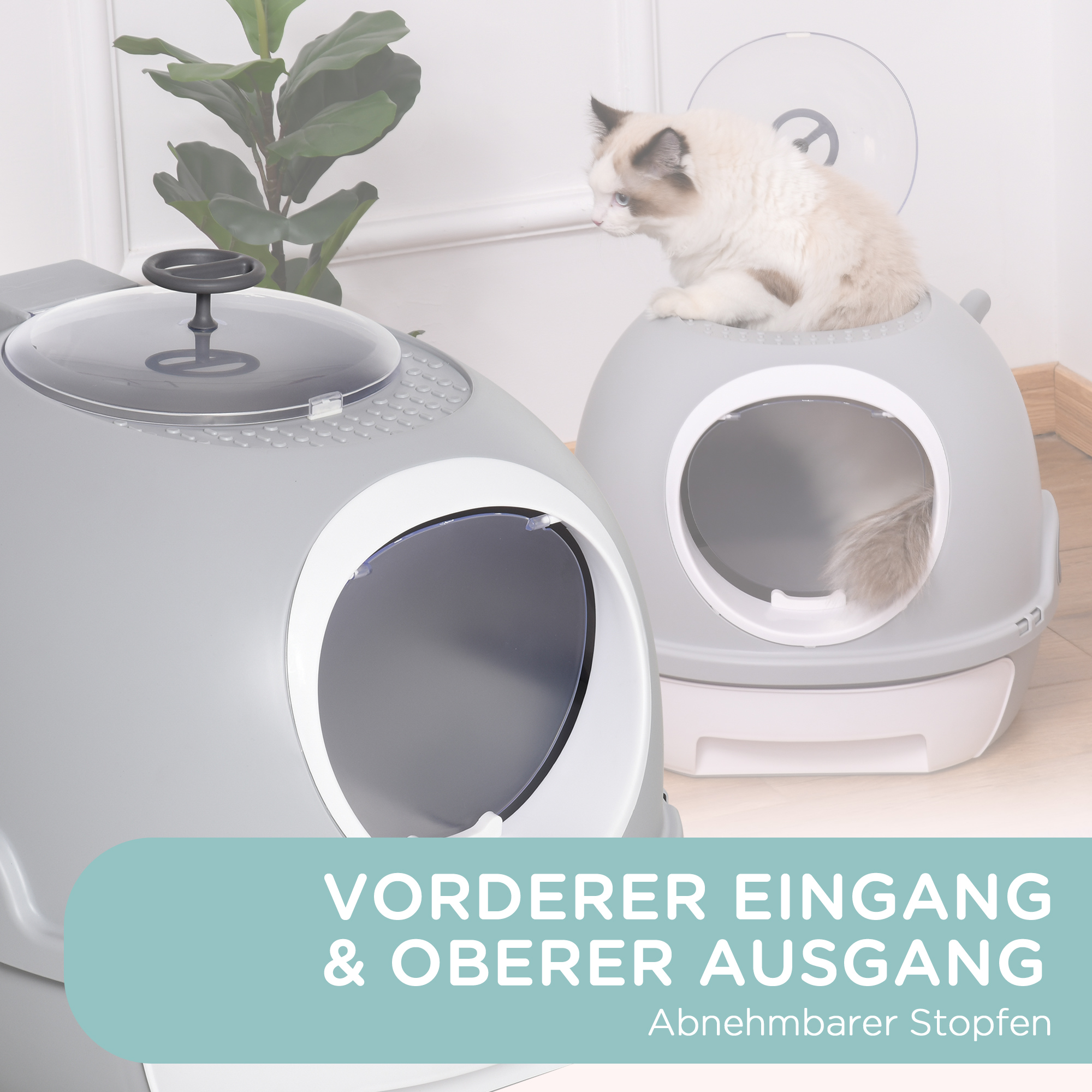 Katzentoilette mit Dachfenster, Katzenklo mit Bodenschale, mit Schaufel, Tragbar, PP ABS, Grau, 47 x 55 x 44 cm