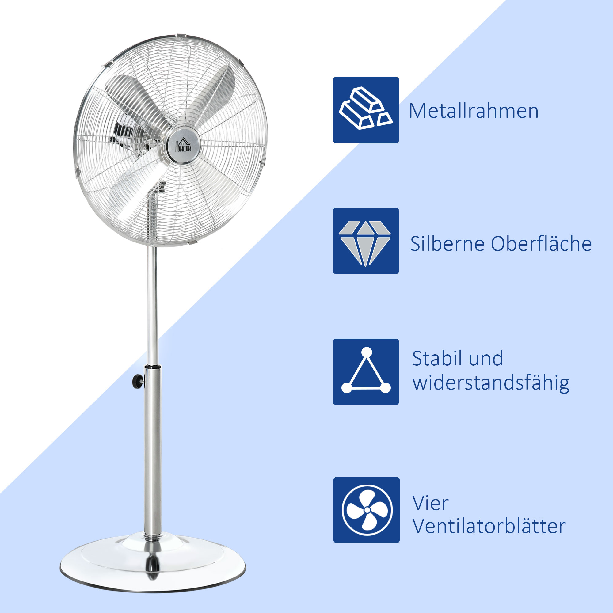 120 cm Standventilator, Ventilator, Höhenverstellbarer Lüfter, 3 Geschwindigkeitsstufen, Verstellbarer Neigungswinkel, Stahl, Silber
