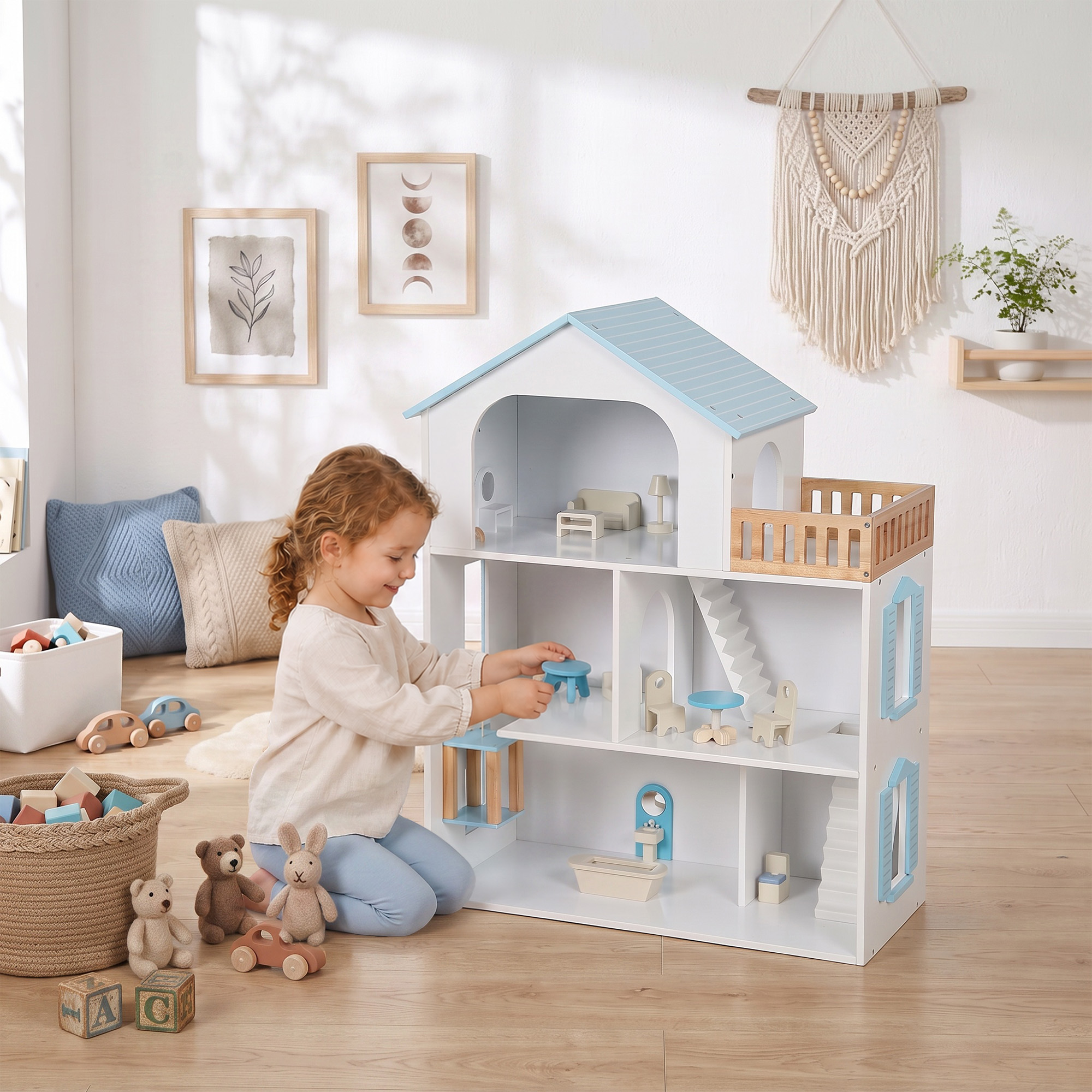 Puppenhaus 79,5 cm Hoch 3-stöckig mit Aufzug 13 Möbeln Balkon Groß Geschenk für Mädchen von 3-6 Jahren Blau