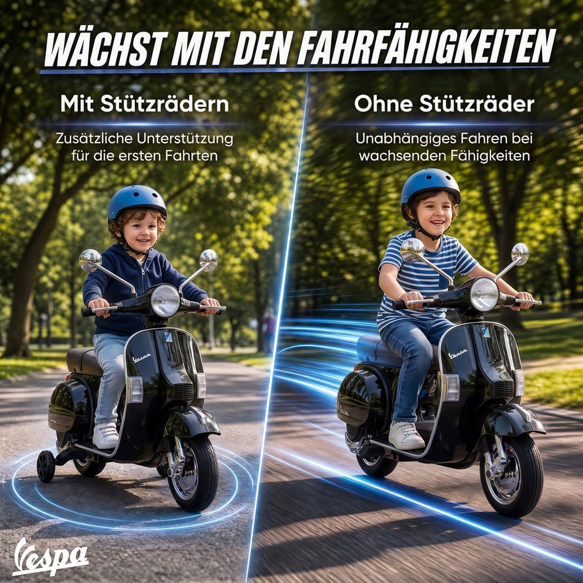 Elektro Motorrad Kinder Vespa PX150 12V Elektromotorrad mit Lithium Akku 35W 2 Motoren 25° Lenkbegrenzung für 3-6 Jahre