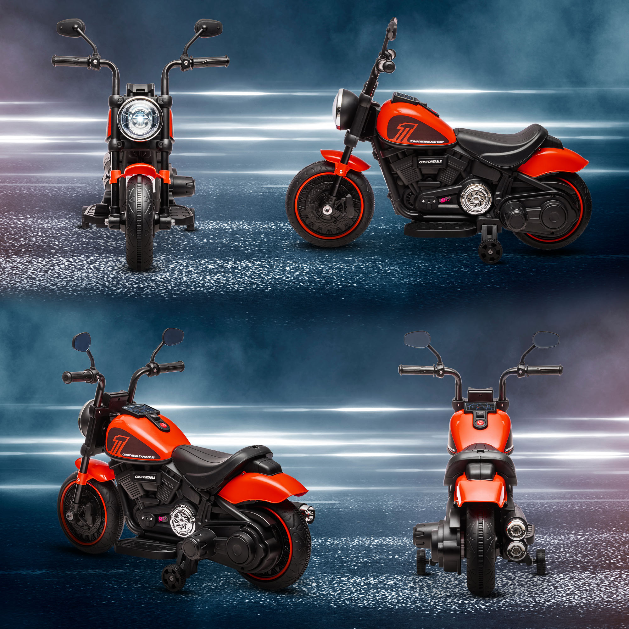 Elektro-Kindermotorrad mit Scheinwerfer, abnehmbare Stützräder, 76x42x57 cm, Rot/Schwarz