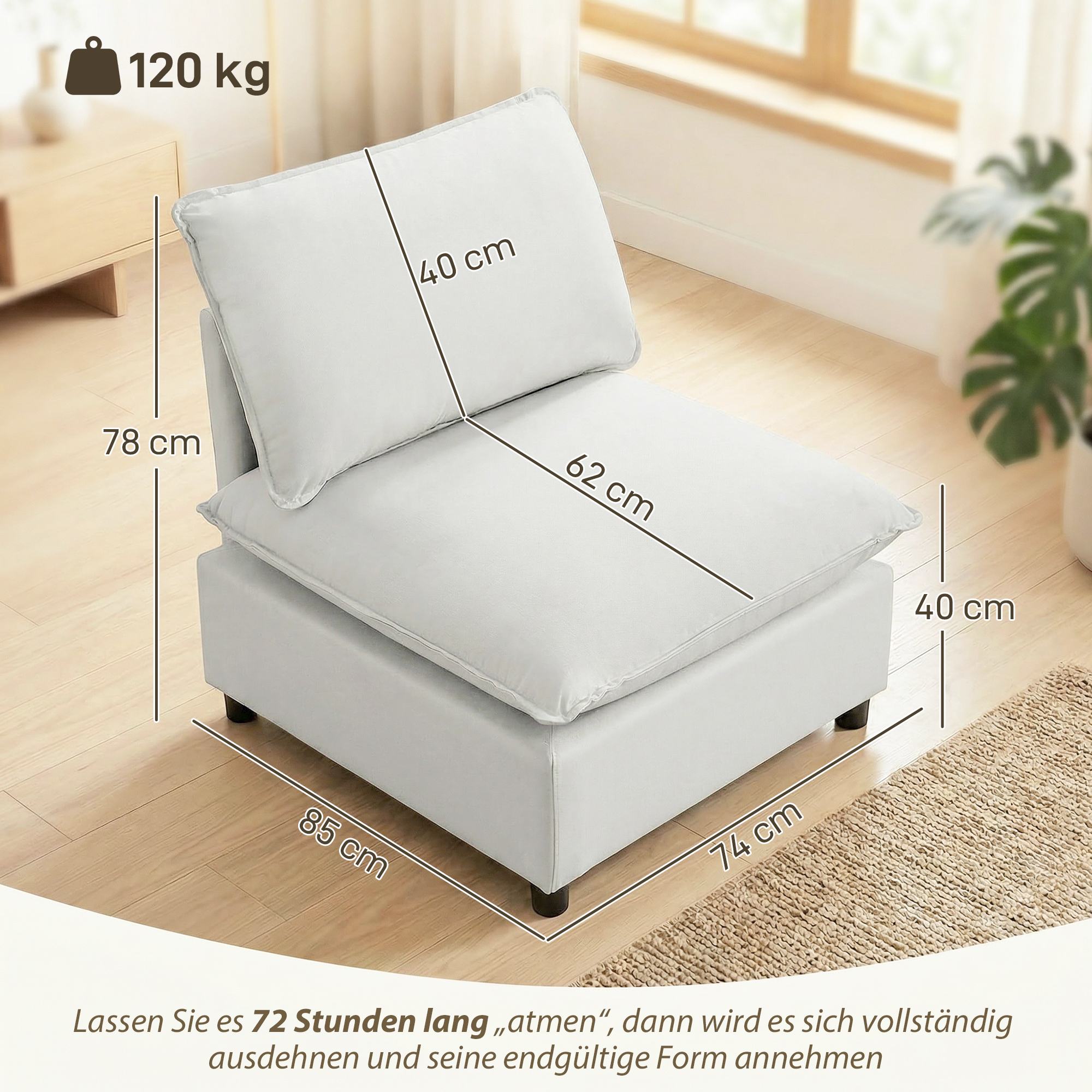 Akzentstuhl, Moderner Leathaire-Stuhl mit Breiter und Tiefer Sitzfläche, Dicke Polster, Einfache Montage, Grau