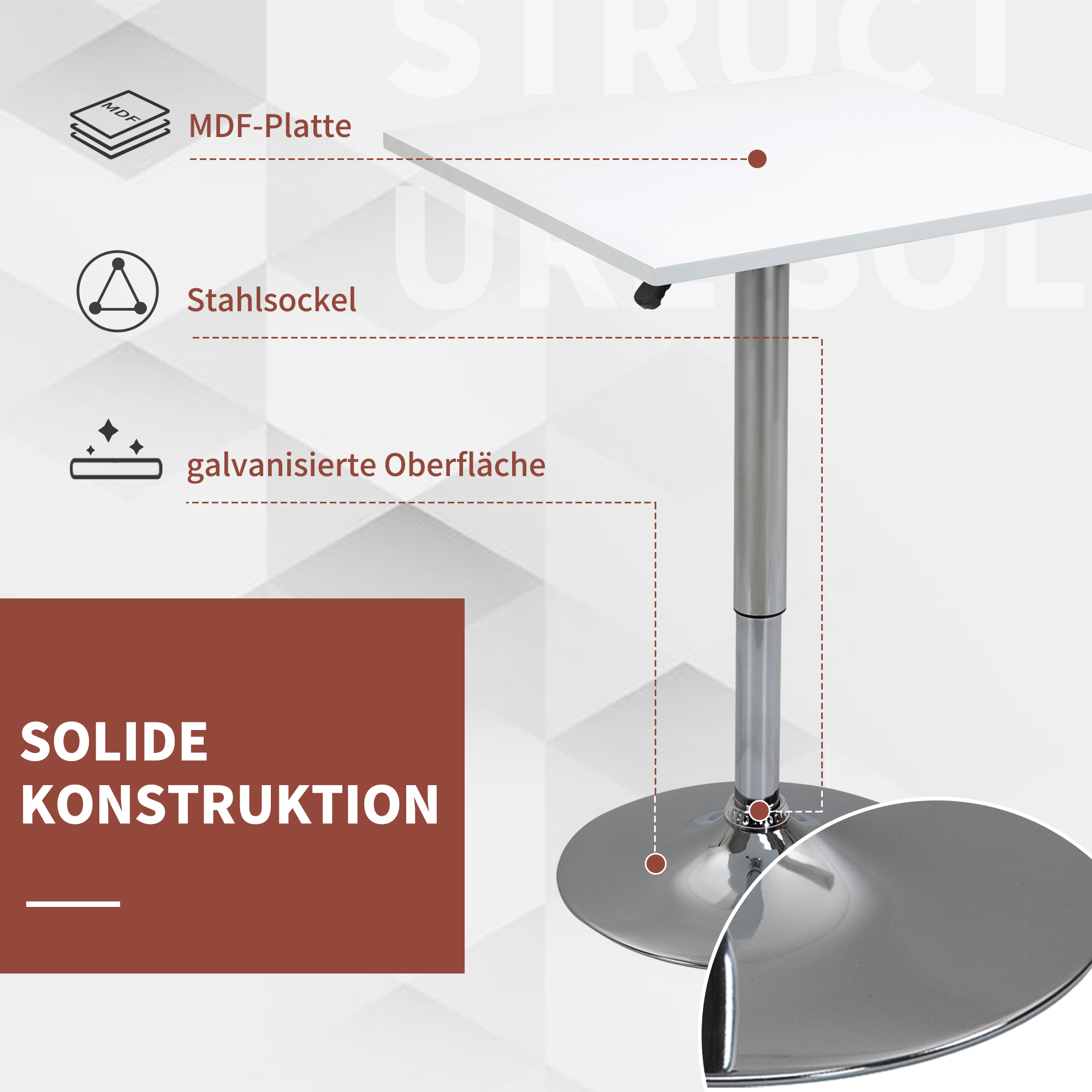 Höhenverstellbarer Bartisch, 360° drehbar, kratzfeste Füße, stabile Metallbasis, Weiß