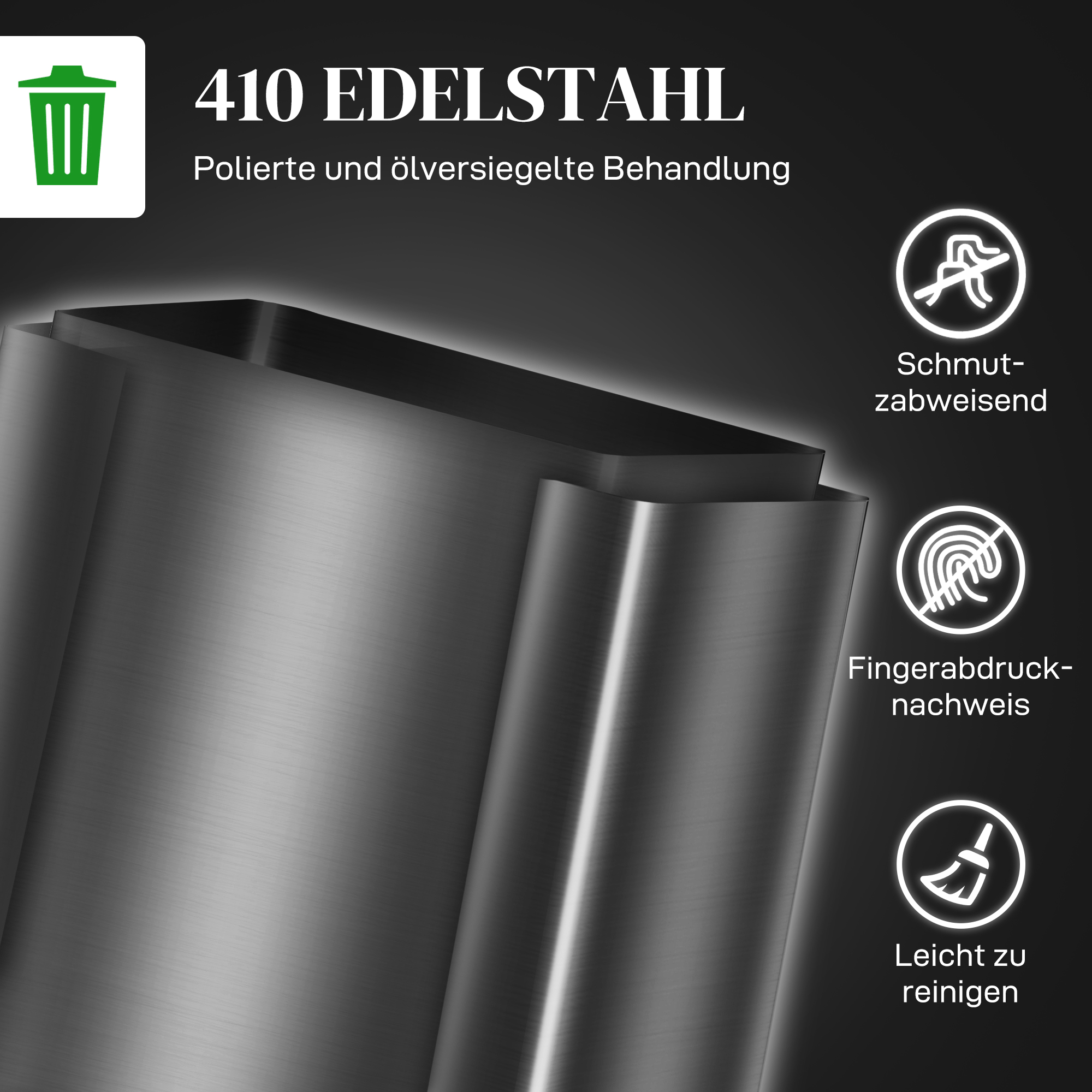 Mülleimer mit 2x30L Fächern, Soft-Close-Deckel, Fingerabdrucksicher, Edelstahl, Schwarz
