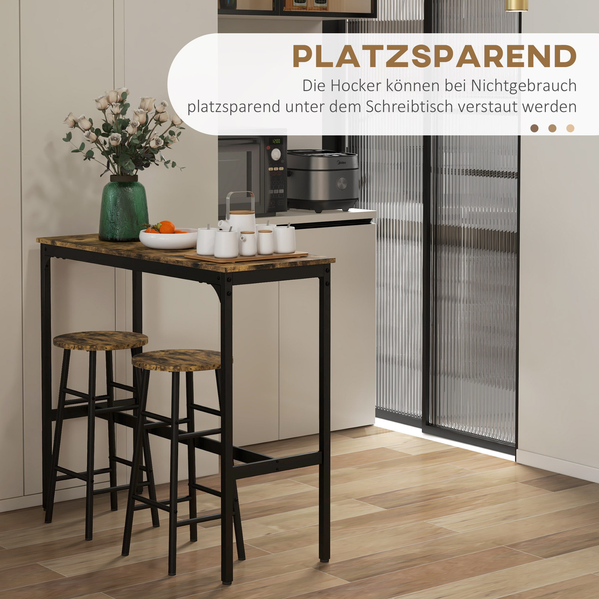 Bartisch mit 2 Stühlen im Industriedesign 2er-Set Barhocker mit Tisch, Industriedesign, 3-teilig, Braun + Schwarz