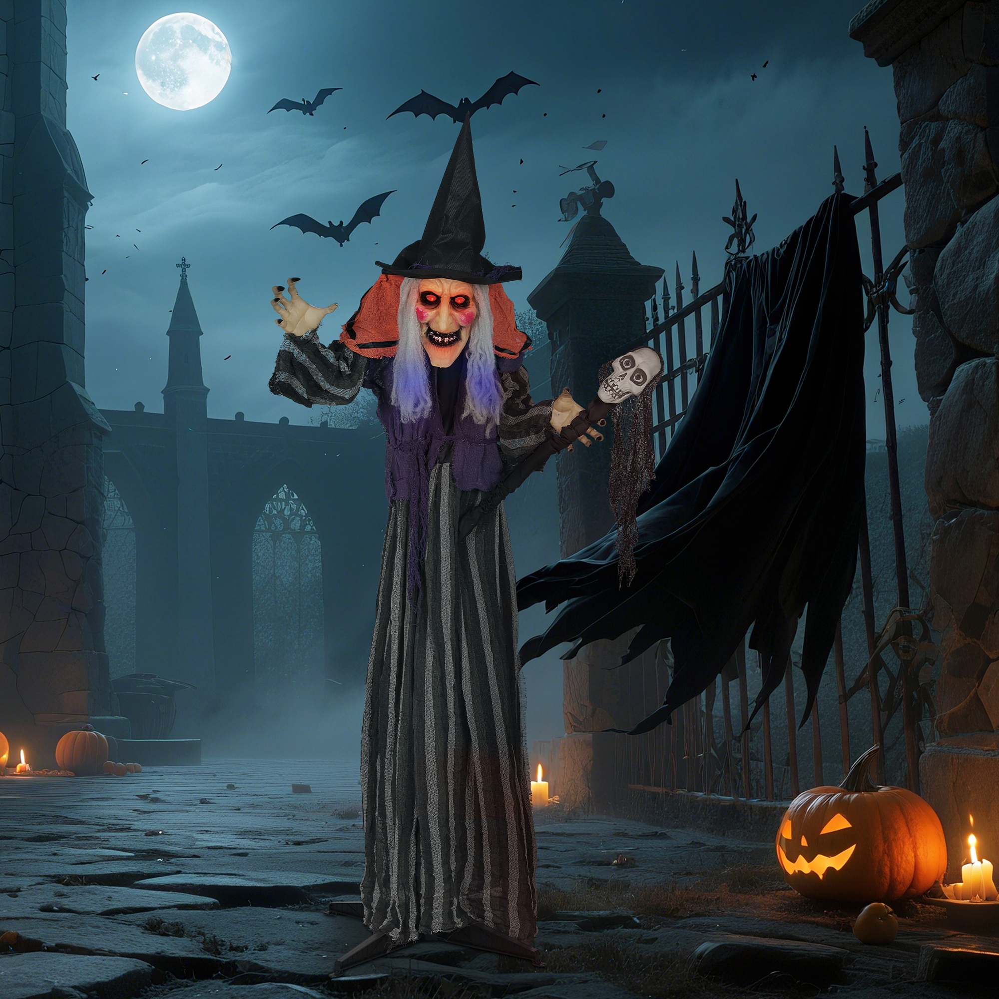 160 cm Halloween Dekoration Halloween Hexe mit LED-Lichter, Soundfunktion verstellbare Arme, Körper