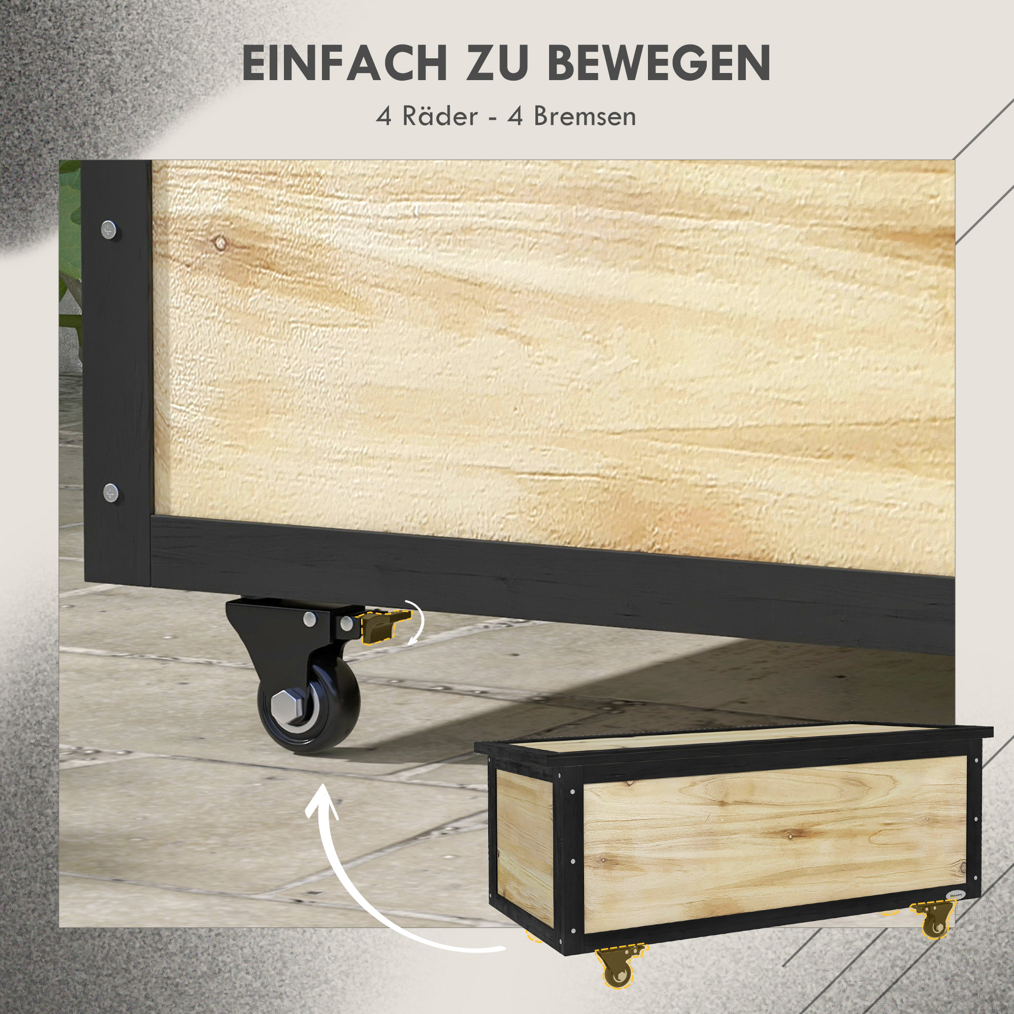 Garten-Aufbewahrungsbox, 121 Liter, 2 Räder, wetterfest, Metallscharniere, Naturholz, 100x50x43 cm