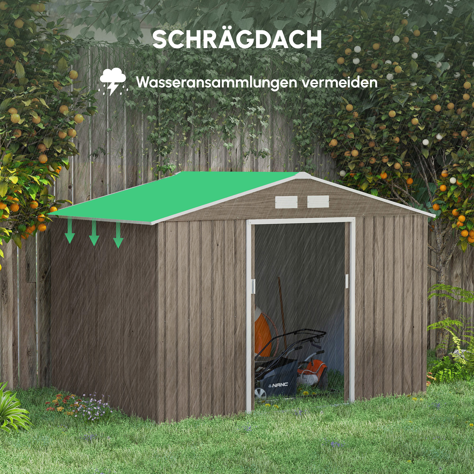 Geräteschuppen, 2 Schiebetüren, 4 Fenster, wetterfest, Metallgehäuse, 2,7 x 1,9 x 1,9 m, Braun